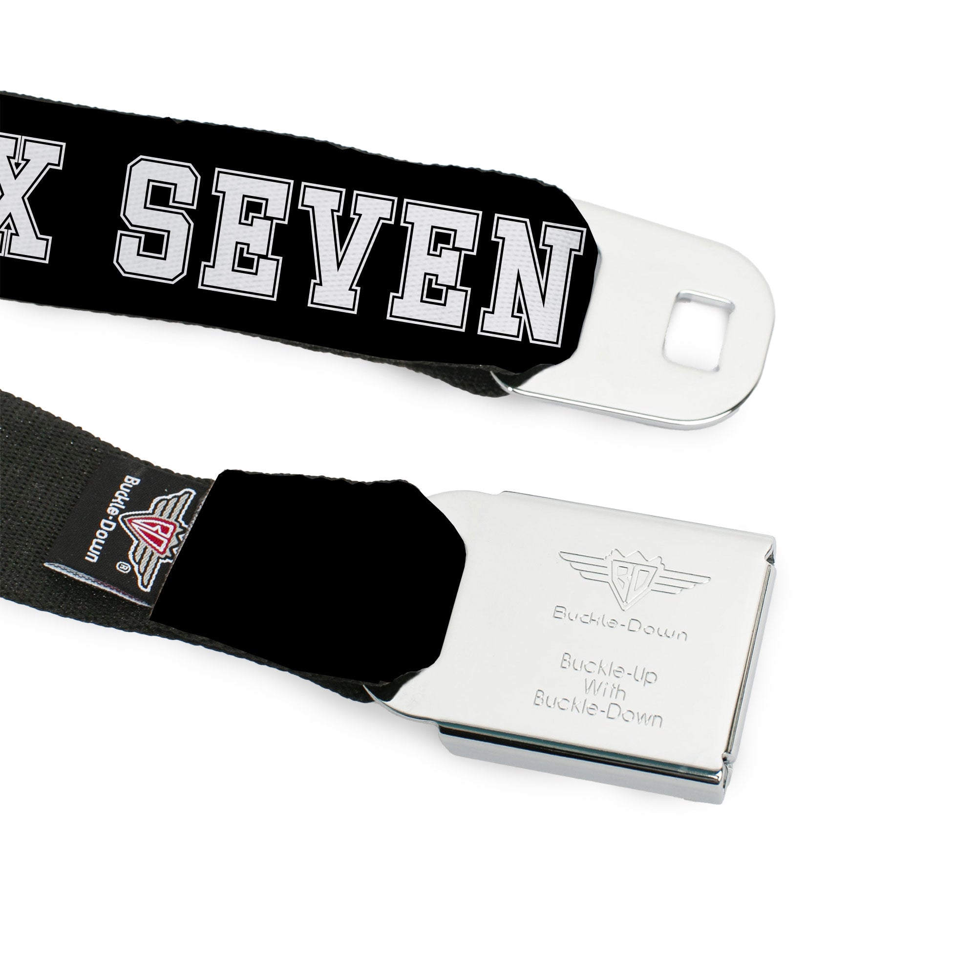 BD Wings Logo CLOSE-UP Black/Silver Seatbelt Belt - SIX SEVEN Text Black/White Webbing Seatbelt Belts Buckle-Down