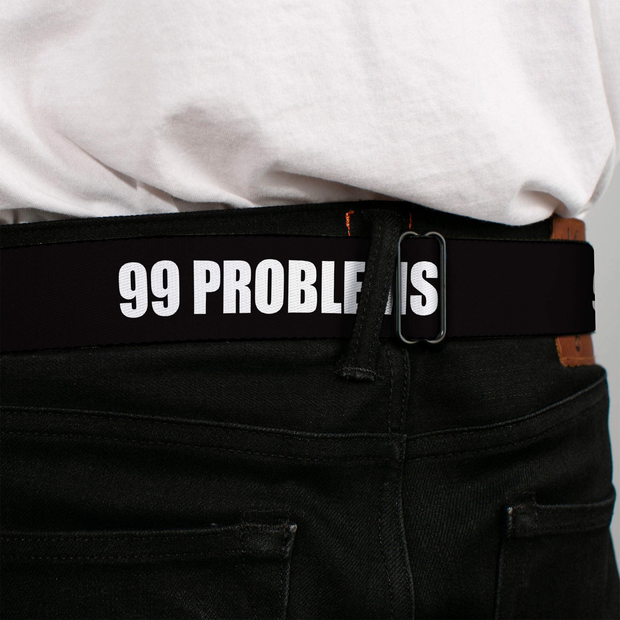 Buckle-Down 99 PROBLEMS Full Color Black/White Seatbelt Belt - 99 PROBLEMS Black/White Webbing Seatbelt Belts Buckle-Down