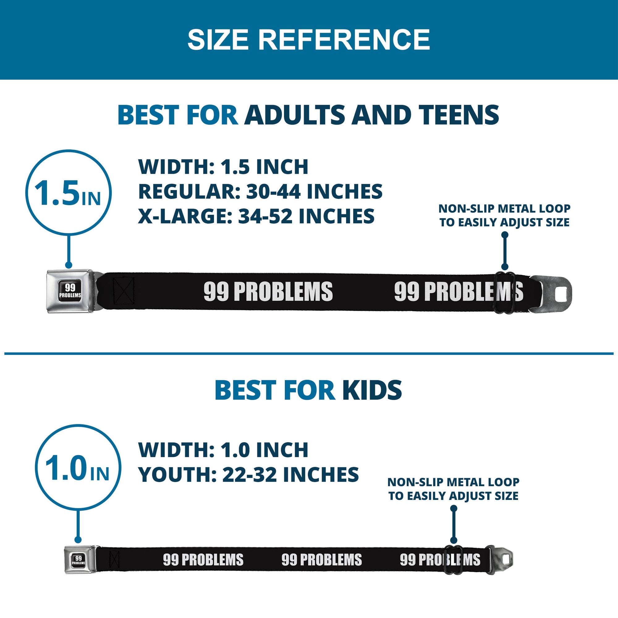 Buckle-Down 99 PROBLEMS Full Color Black/White Seatbelt Belt - 99 PROBLEMS Black/White Webbing Seatbelt Belts Buckle-Down