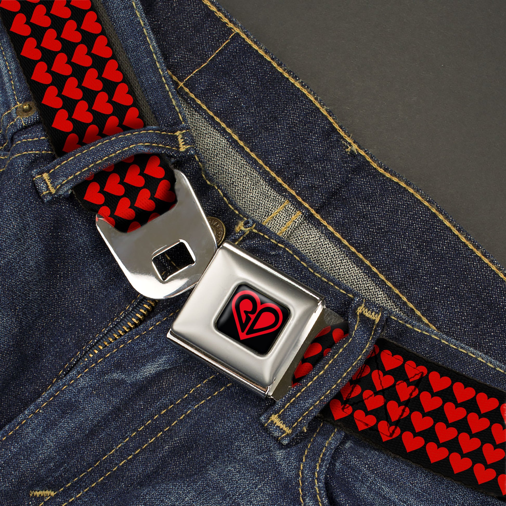 BD Heart Logo Full Color Black/Red Seatbelt Belt - Mini Hearts Black/Red Webbing Seatbelt Belts Buckle-Down