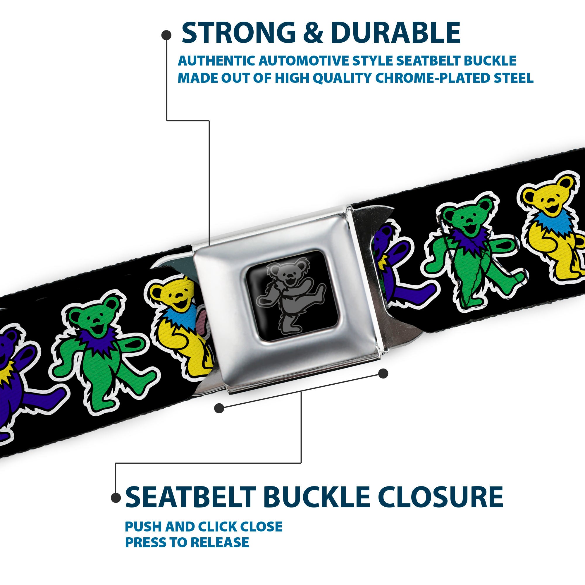 Grateful Dead Bear Seatbelt Belt - Dancing Bears Black/Multi Color Webbing Seatbelt Belts Grateful Dead