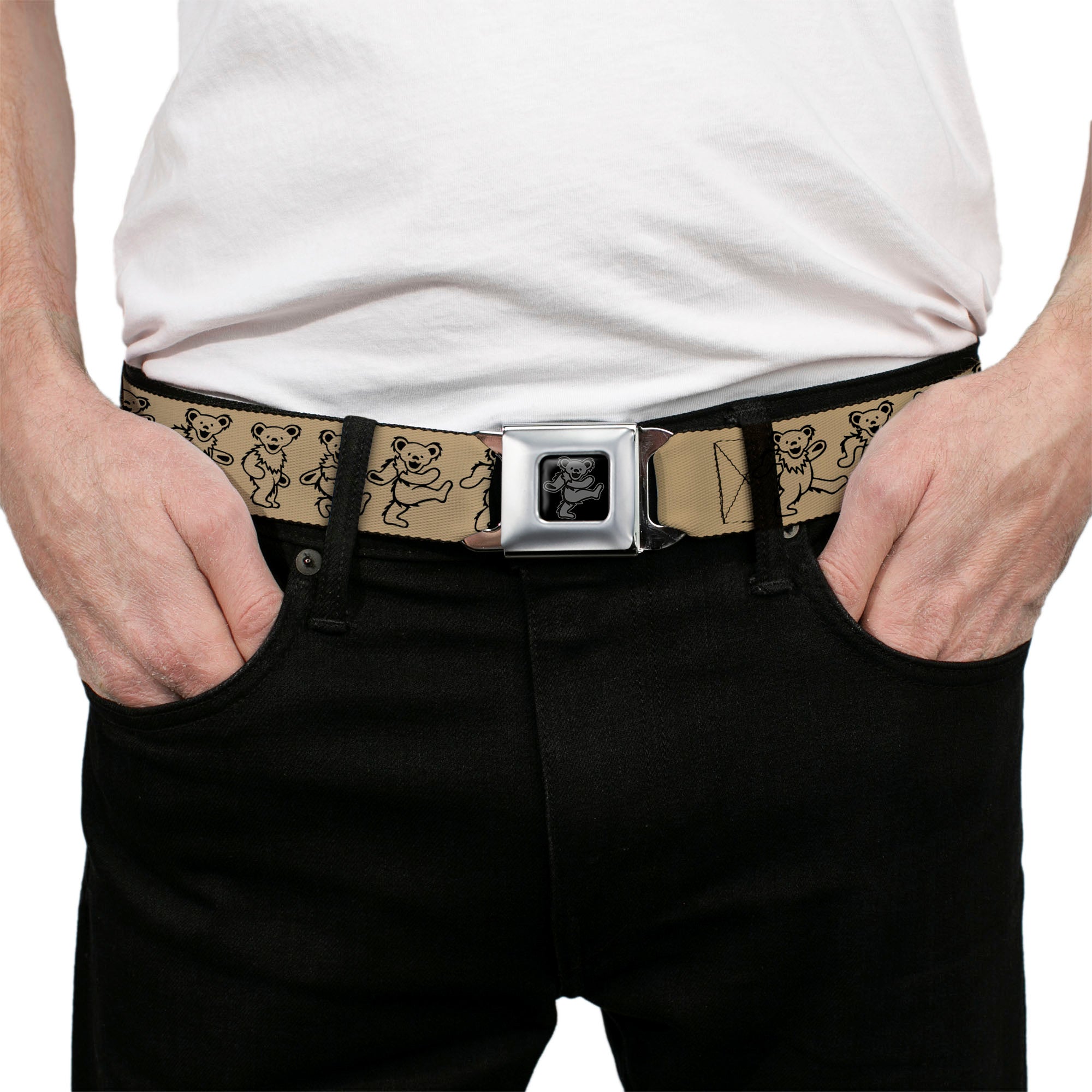 Grateful Dead Bear Seatbelt Belt - Dancing Bears Tan/Black Webbing Seatbelt Belts Grateful Dead