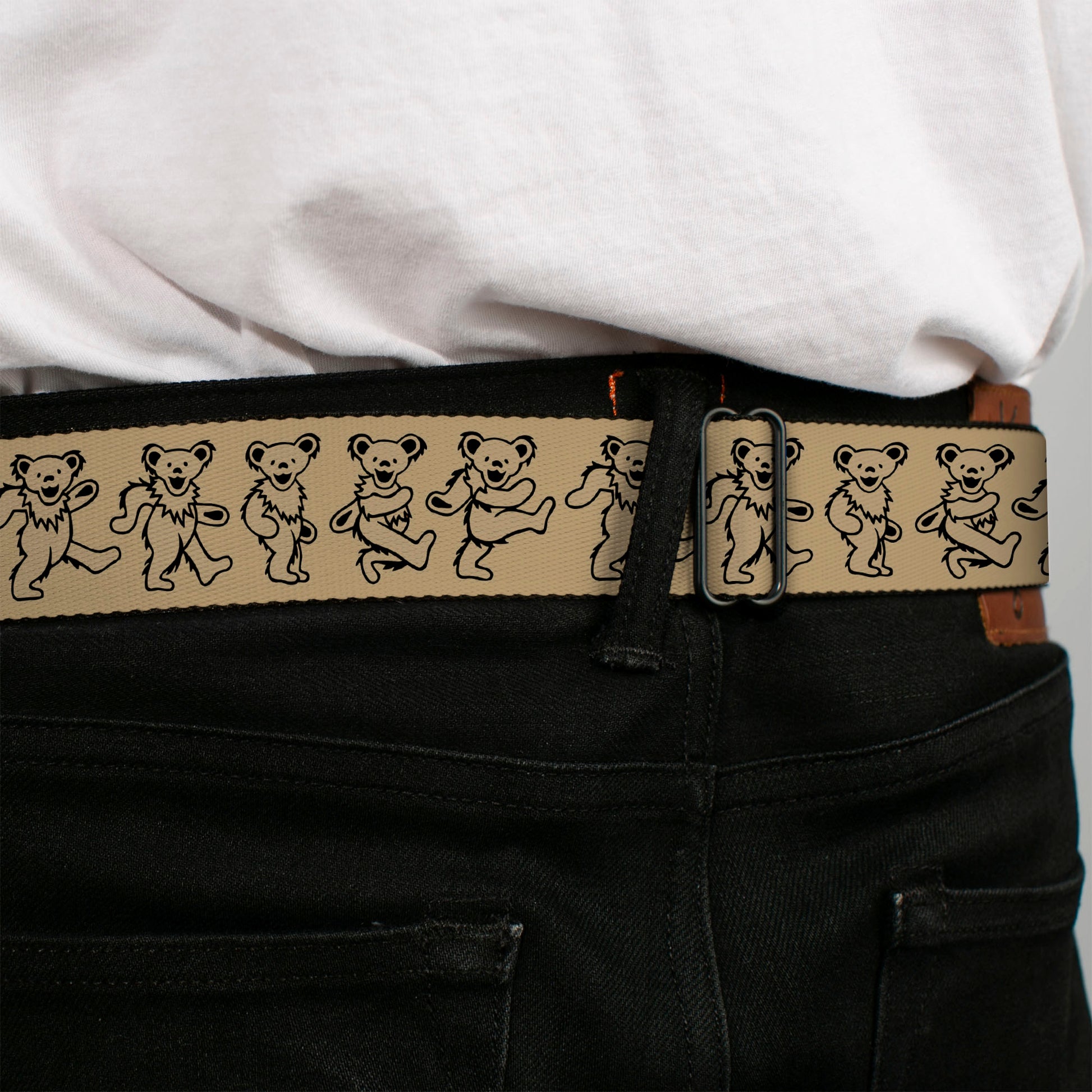 Grateful Dead Bear Seatbelt Belt - Dancing Bears Tan/Black Webbing Seatbelt Belts Grateful Dead