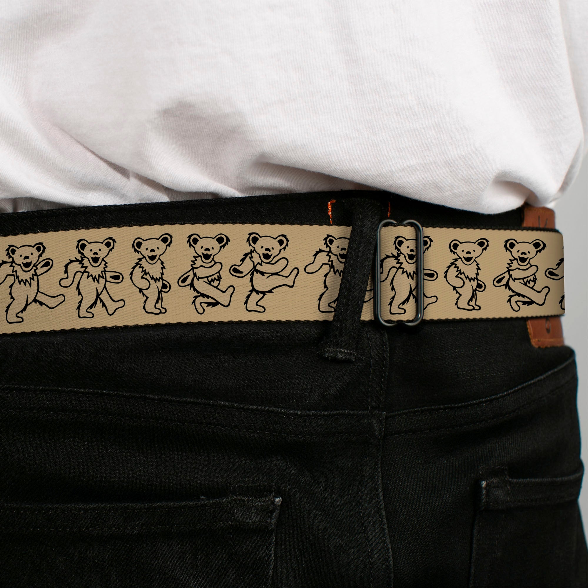 Grateful Dead Bear Seatbelt Belt - Dancing Bears Tan/Black Webbing Seatbelt Belts Grateful Dead