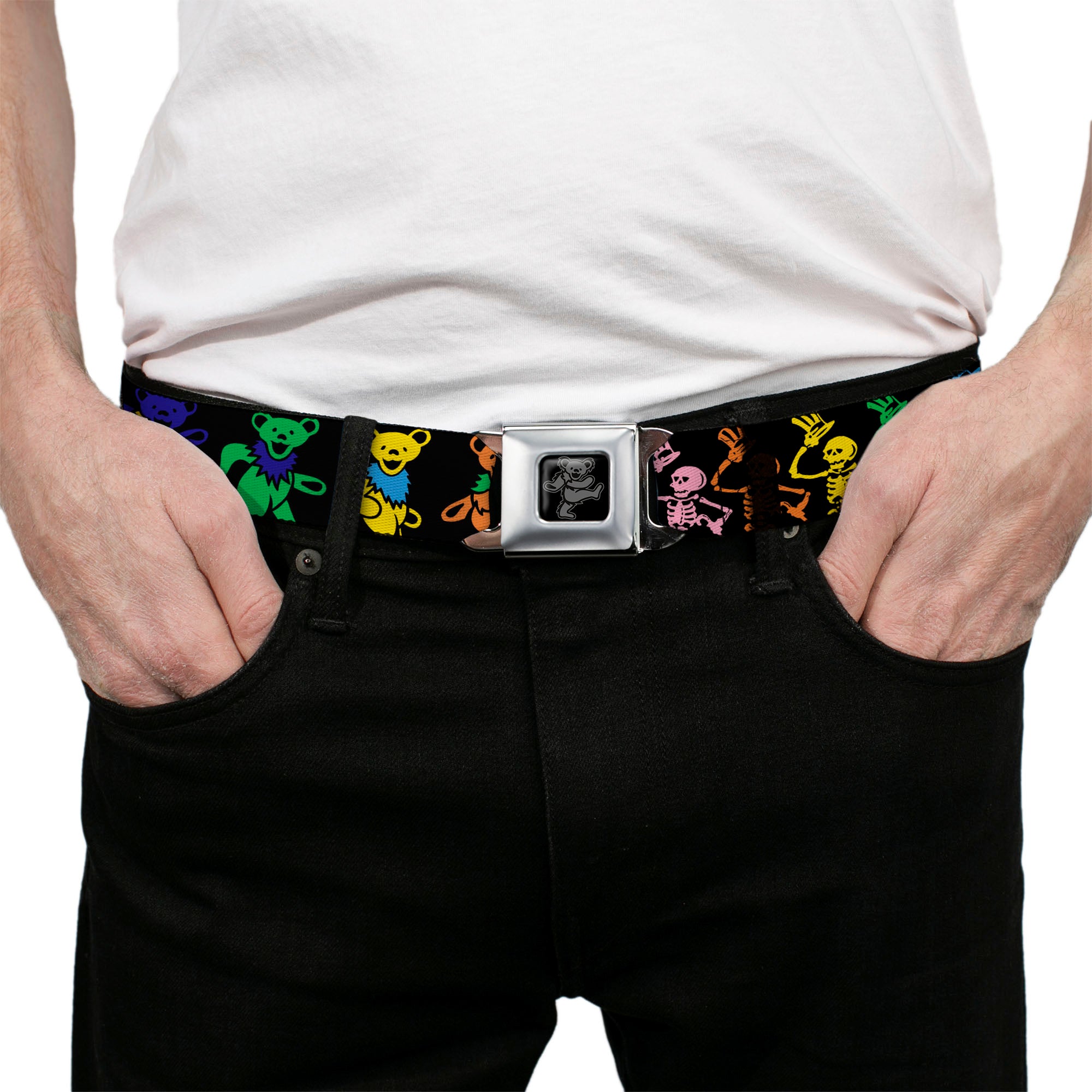 Grateful Dead Bear Seatbelt Belt - Grateful Dead Script w/Bears & Skeletons Black/Multi Color Webbing Seatbelt Belts Grateful Dead