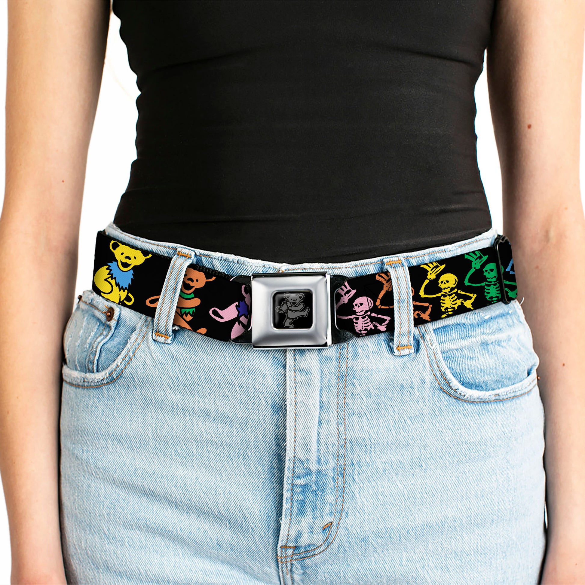 Grateful Dead Bear Seatbelt Belt - Grateful Dead Script w/Bears & Skeletons Black/Multi Color Webbing Seatbelt Belts Grateful Dead