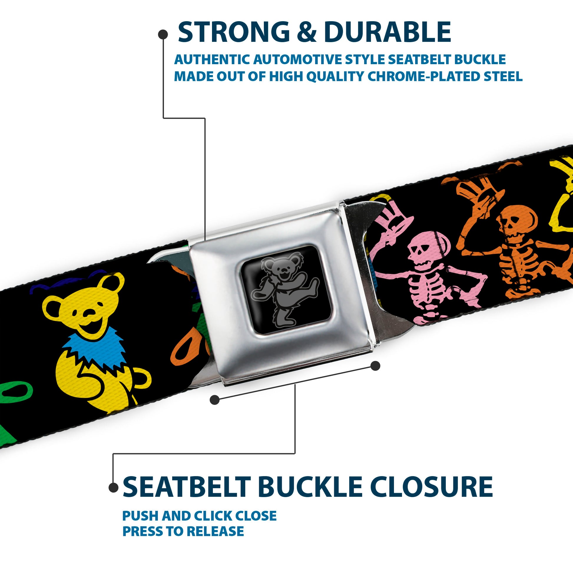 Grateful Dead Bear Seatbelt Belt - Grateful Dead Script w/Bears & Skeletons Black/Multi Color Webbing Seatbelt Belts Grateful Dead