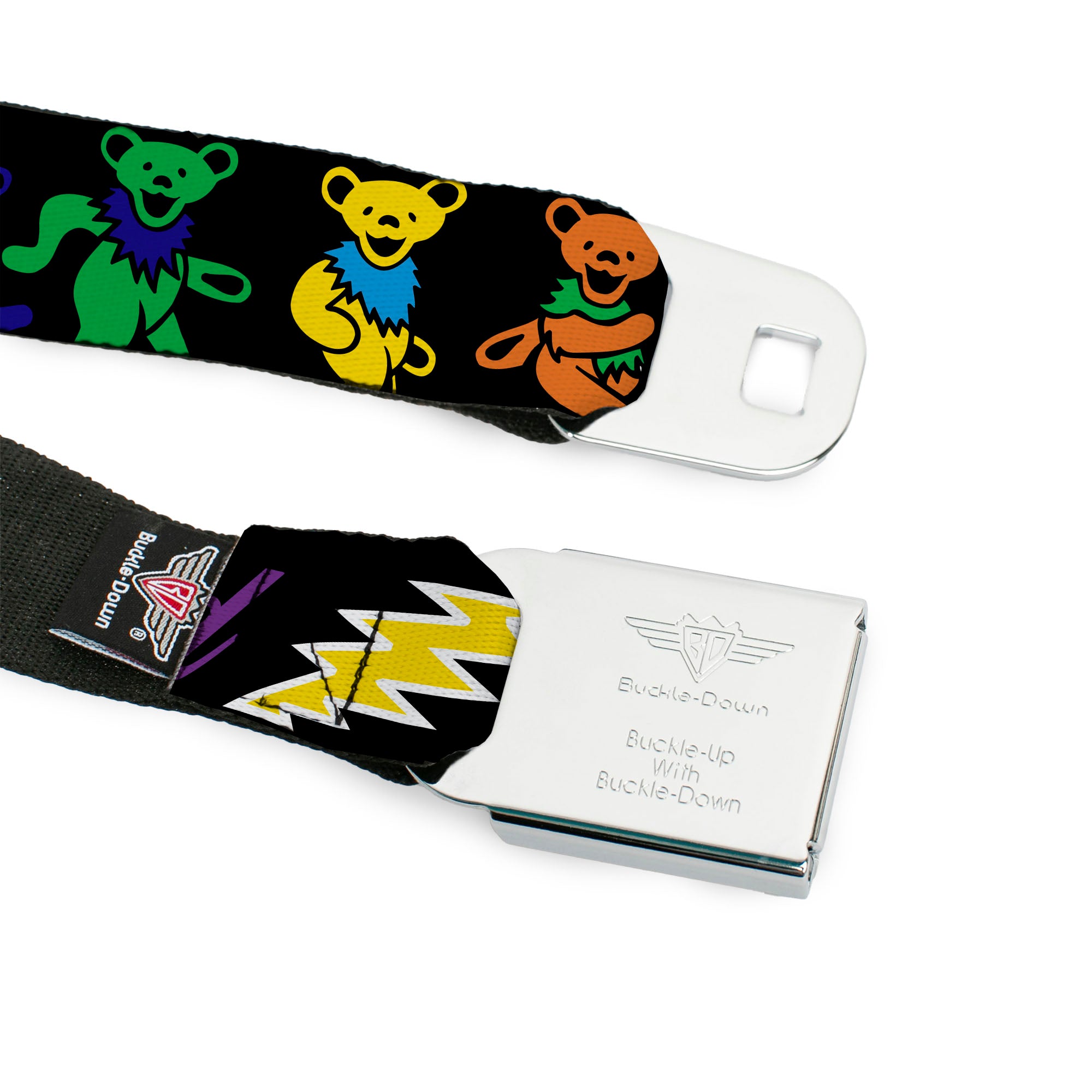 Grateful Dead Bear Seatbelt Belt - Grateful Dead Script w/Bears & Skeletons Black/Multi Color Webbing Seatbelt Belts Grateful Dead