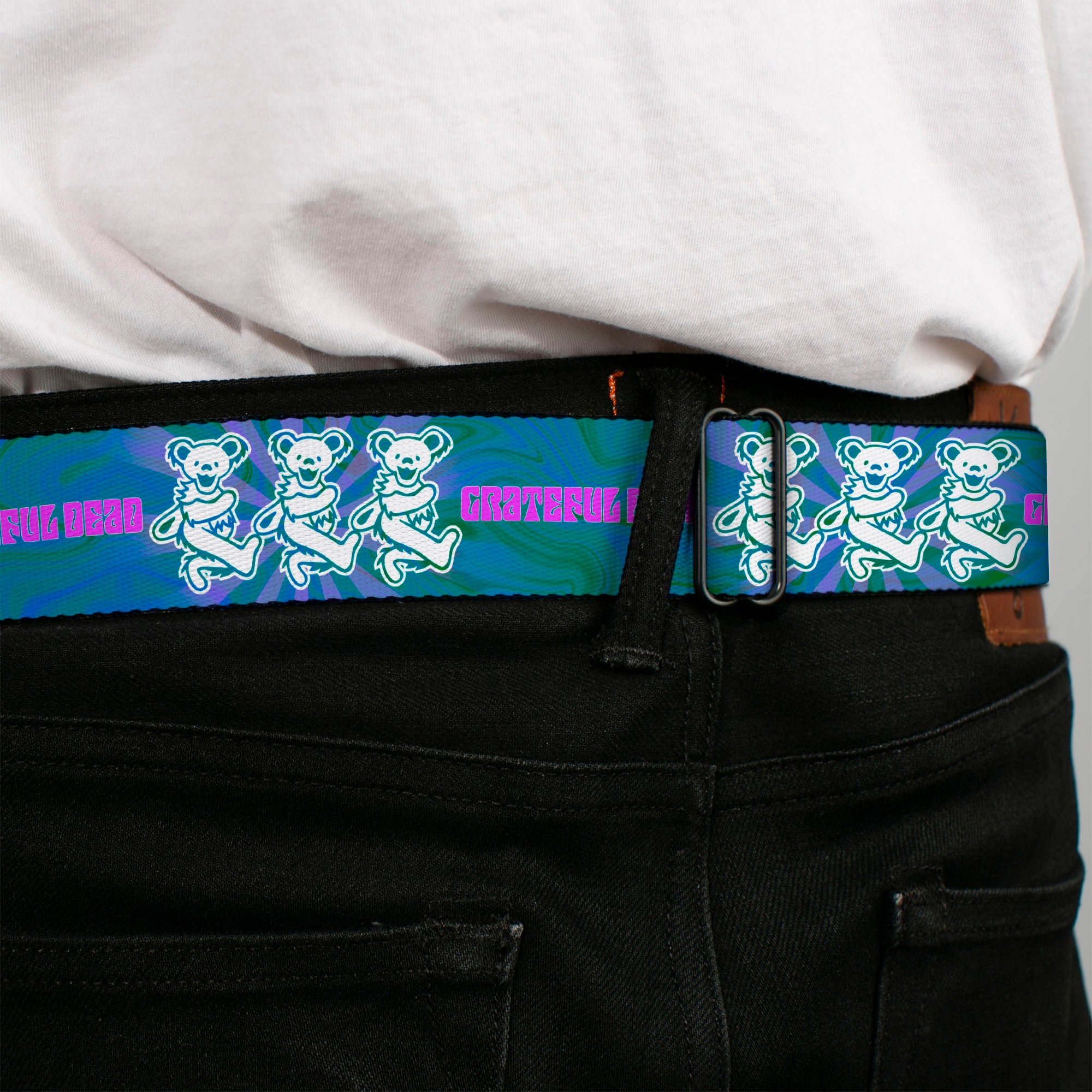Grateful Dead Bear Seatbelt Belt - GRATEFUL DEAD Dancing Bear Trio Rays/Swirl Blues/Purples/Pink/White Webbing Seatbelt Belts Grateful Dead