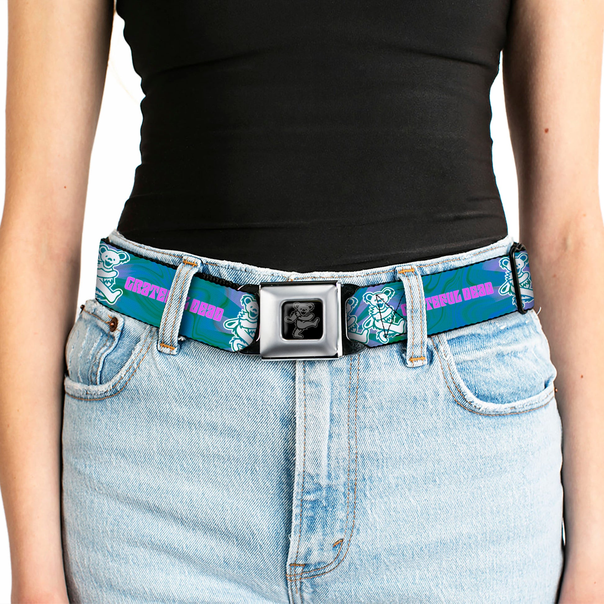Grateful Dead Bear Seatbelt Belt - GRATEFUL DEAD Dancing Bear Trio Rays/Swirl Blues/Purples/Pink/White Webbing Seatbelt Belts Grateful Dead