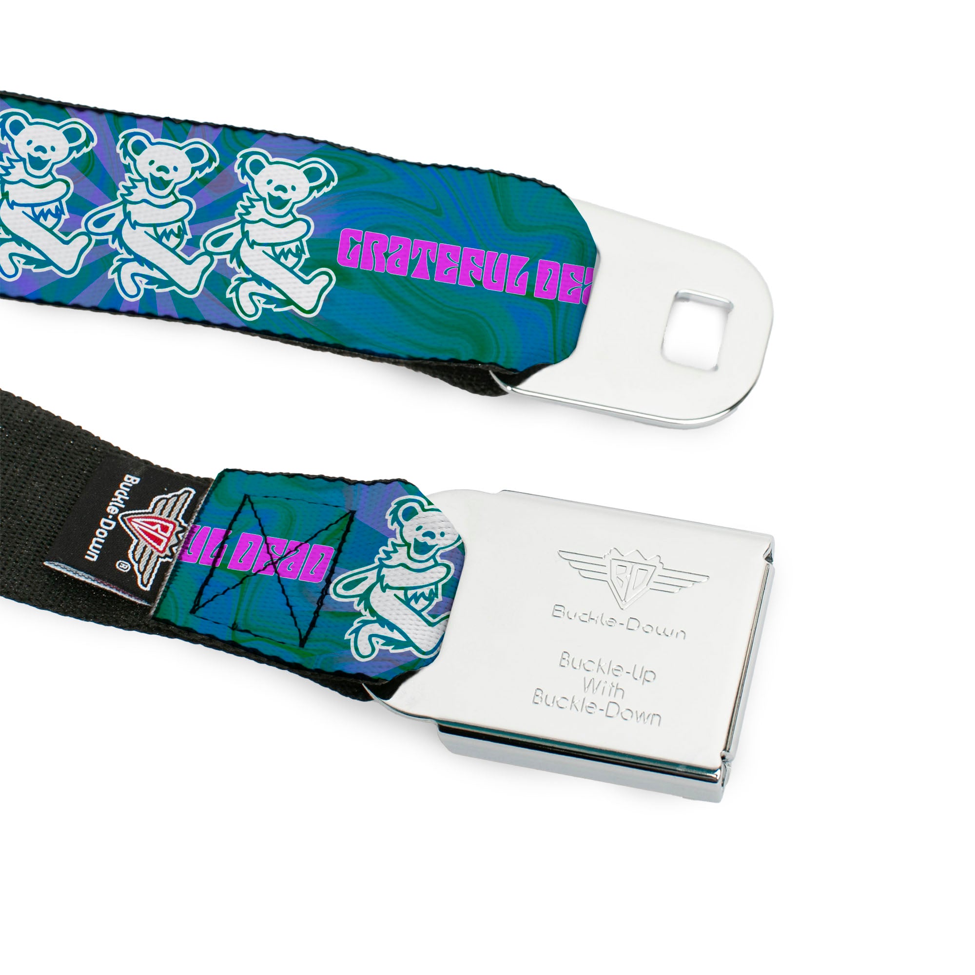 Grateful Dead Bear Seatbelt Belt - GRATEFUL DEAD Dancing Bear Trio Rays/Swirl Blues/Purples/Pink/White Webbing Seatbelt Belts Grateful Dead