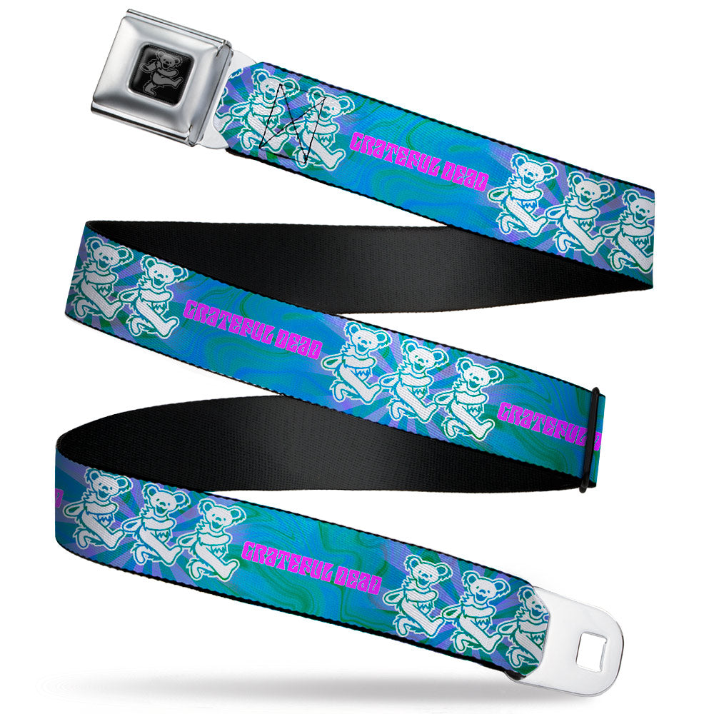 Grateful Dead Bear Seatbelt Belt - GRATEFUL DEAD Dancing Bear Trio Rays/Swirl Blues/Purples/Pink/White Webbing Seatbelt Belts Grateful Dead