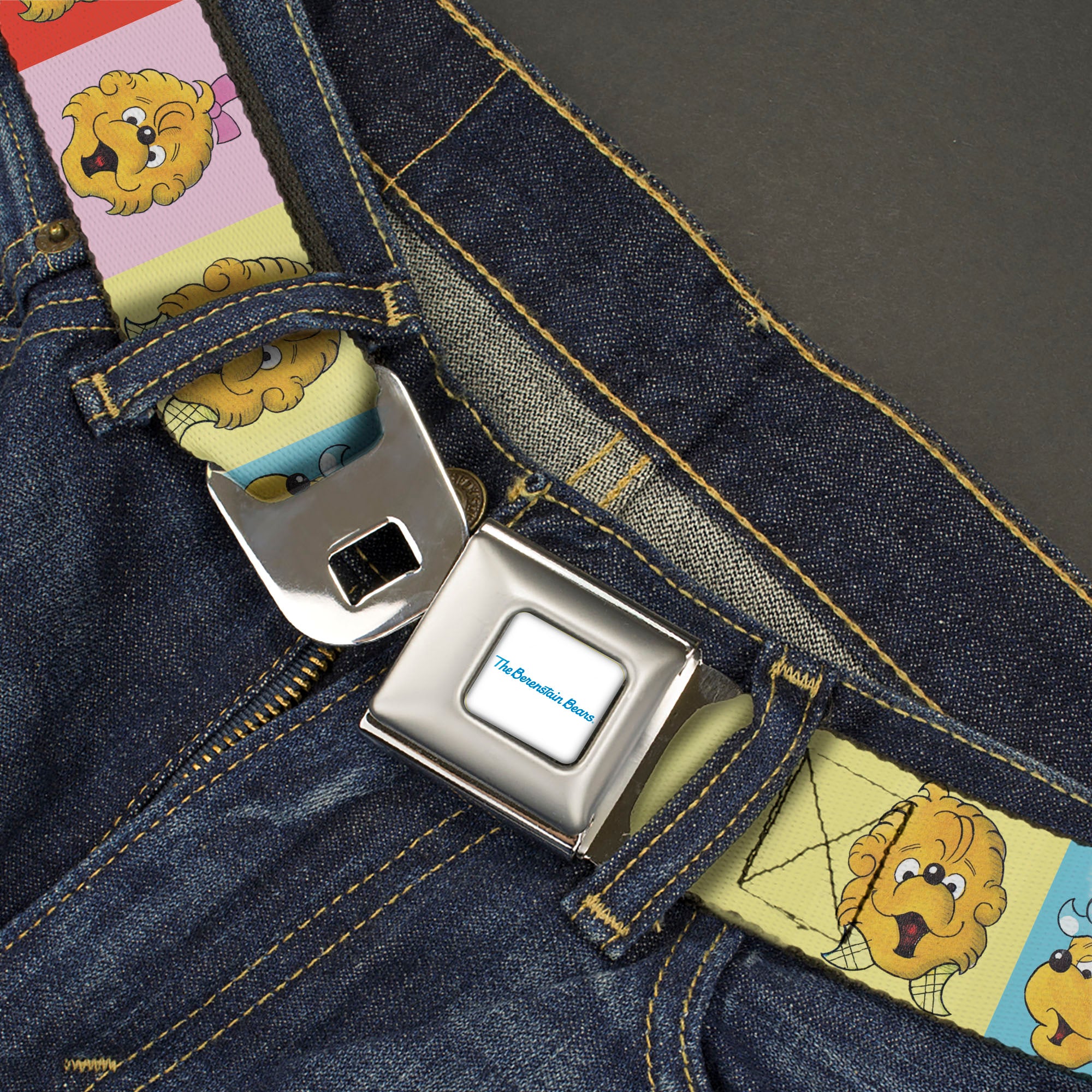 THE BERENSTAIN BEARS Full Color White/Blue Seatbelt Belt - The Berenstain Bears Smiling Face Blocks Multi Color Webbing