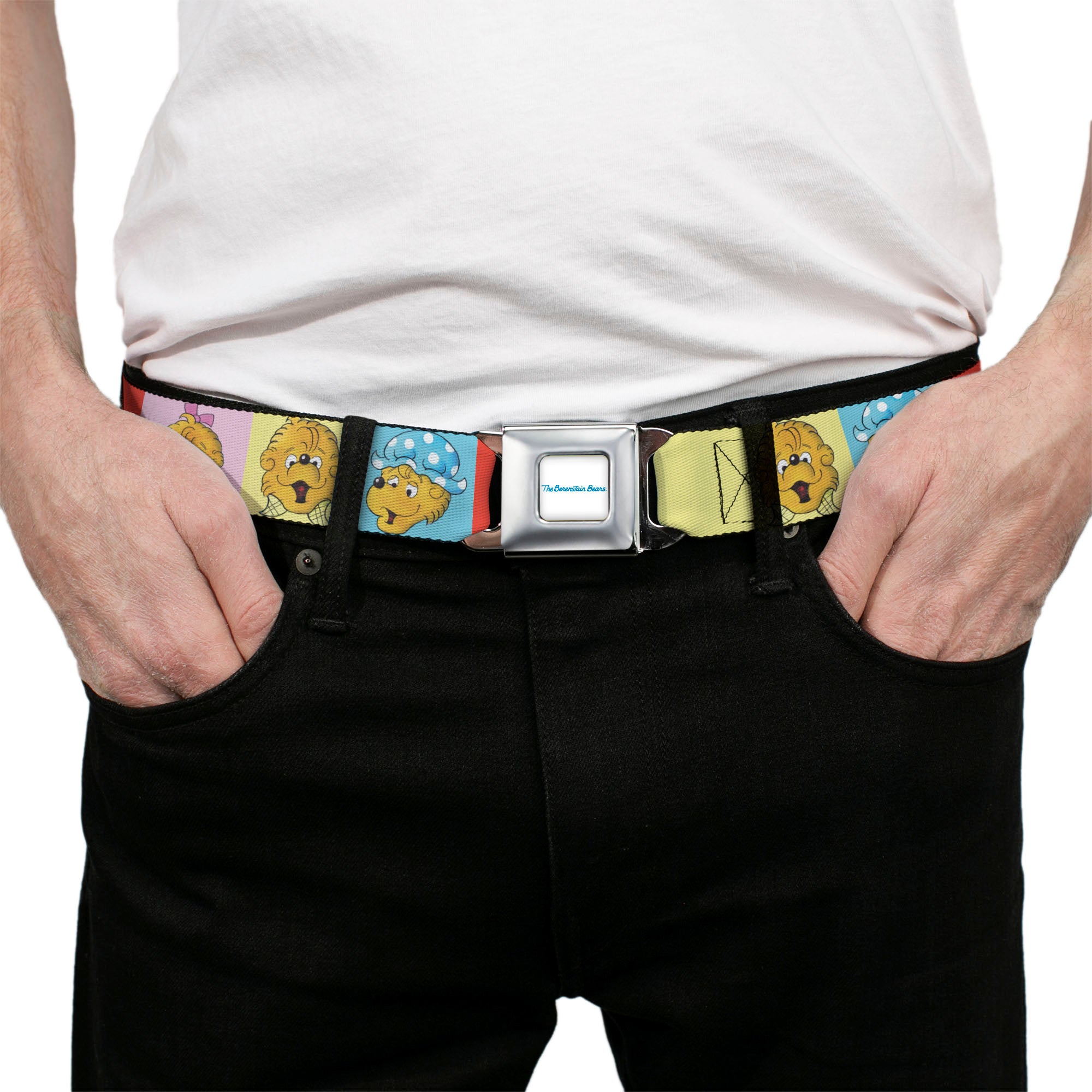 THE BERENSTAIN BEARS Full Color White/Blue Seatbelt Belt - The Berenstain Bears Smiling Face Blocks Multi Color Webbing