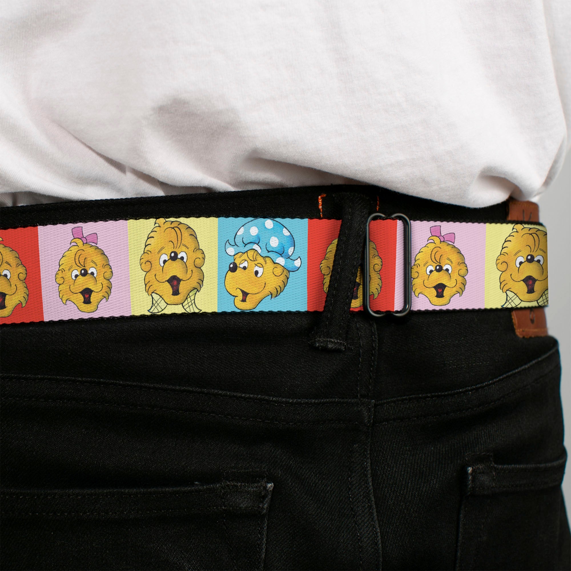 THE BERENSTAIN BEARS Full Color White/Blue Seatbelt Belt - The Berenstain Bears Smiling Face Blocks Multi Color Webbing