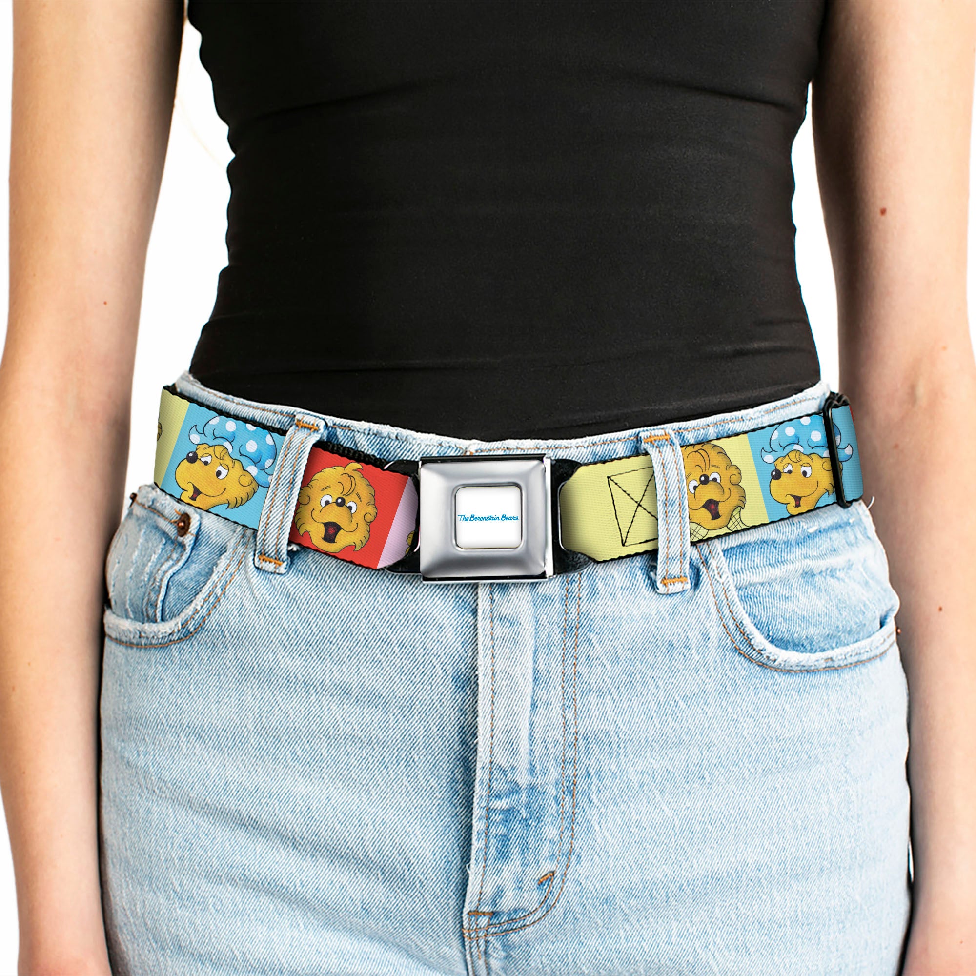 THE BERENSTAIN BEARS Full Color White/Blue Seatbelt Belt - The Berenstain Bears Smiling Face Blocks Multi Color Webbing