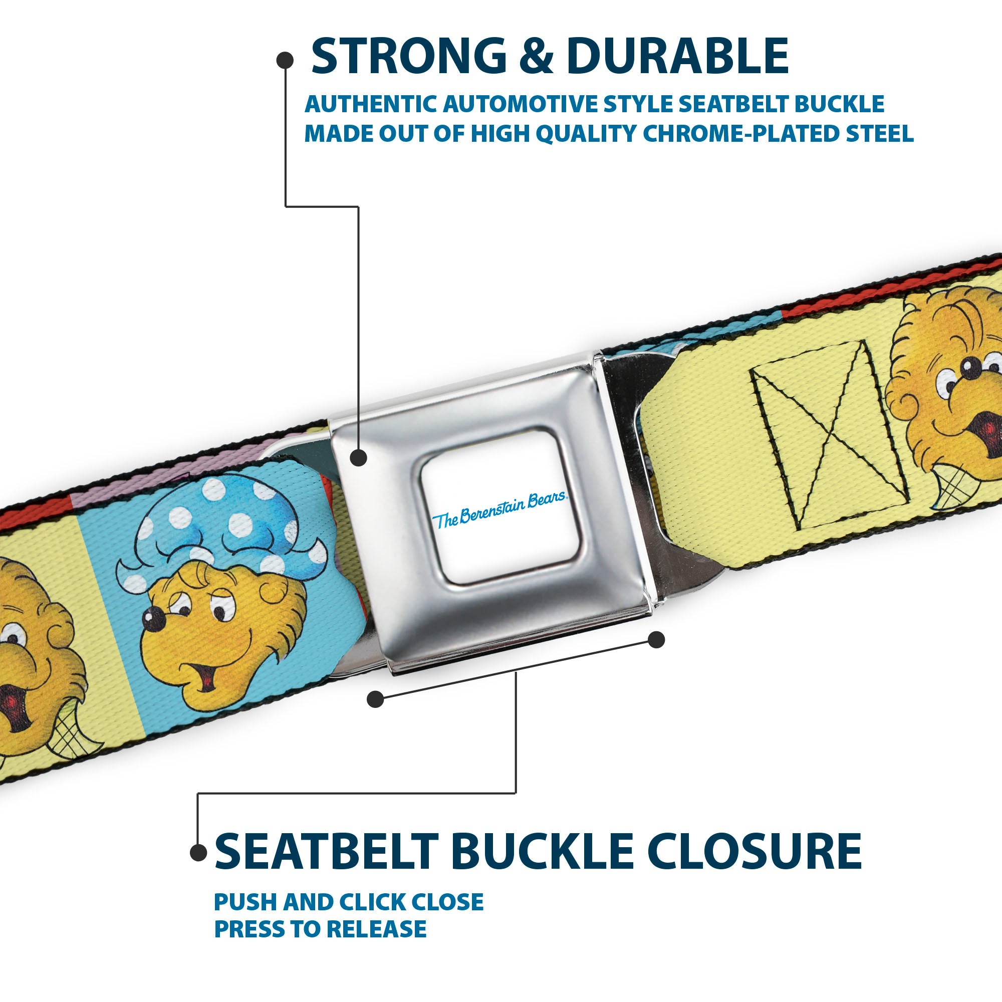 THE BERENSTAIN BEARS Full Color White/Blue Seatbelt Belt - The Berenstain Bears Smiling Face Blocks Multi Color Webbing