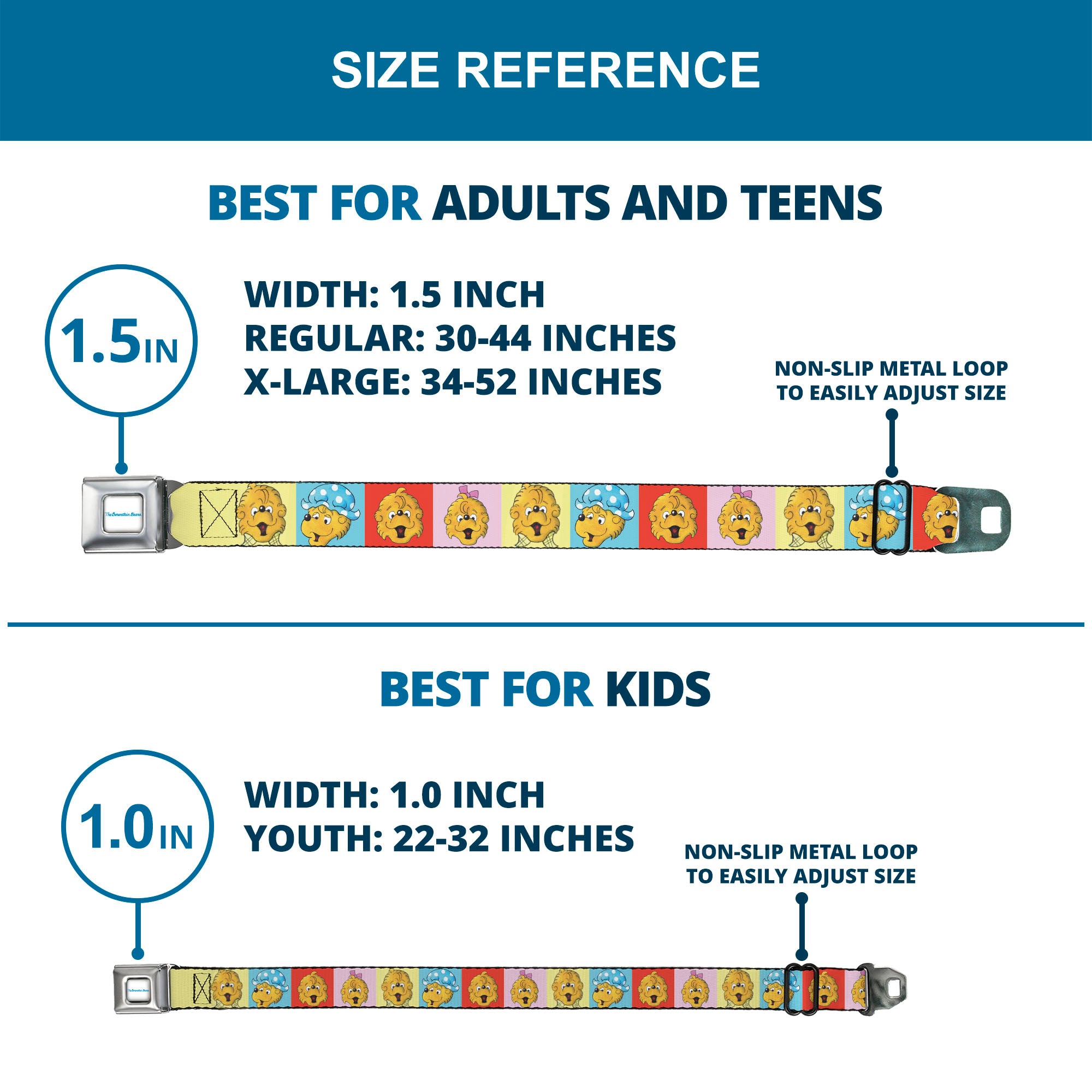 THE BERENSTAIN BEARS Full Color White/Blue Seatbelt Belt - The Berenstain Bears Smiling Face Blocks Multi Color Webbing