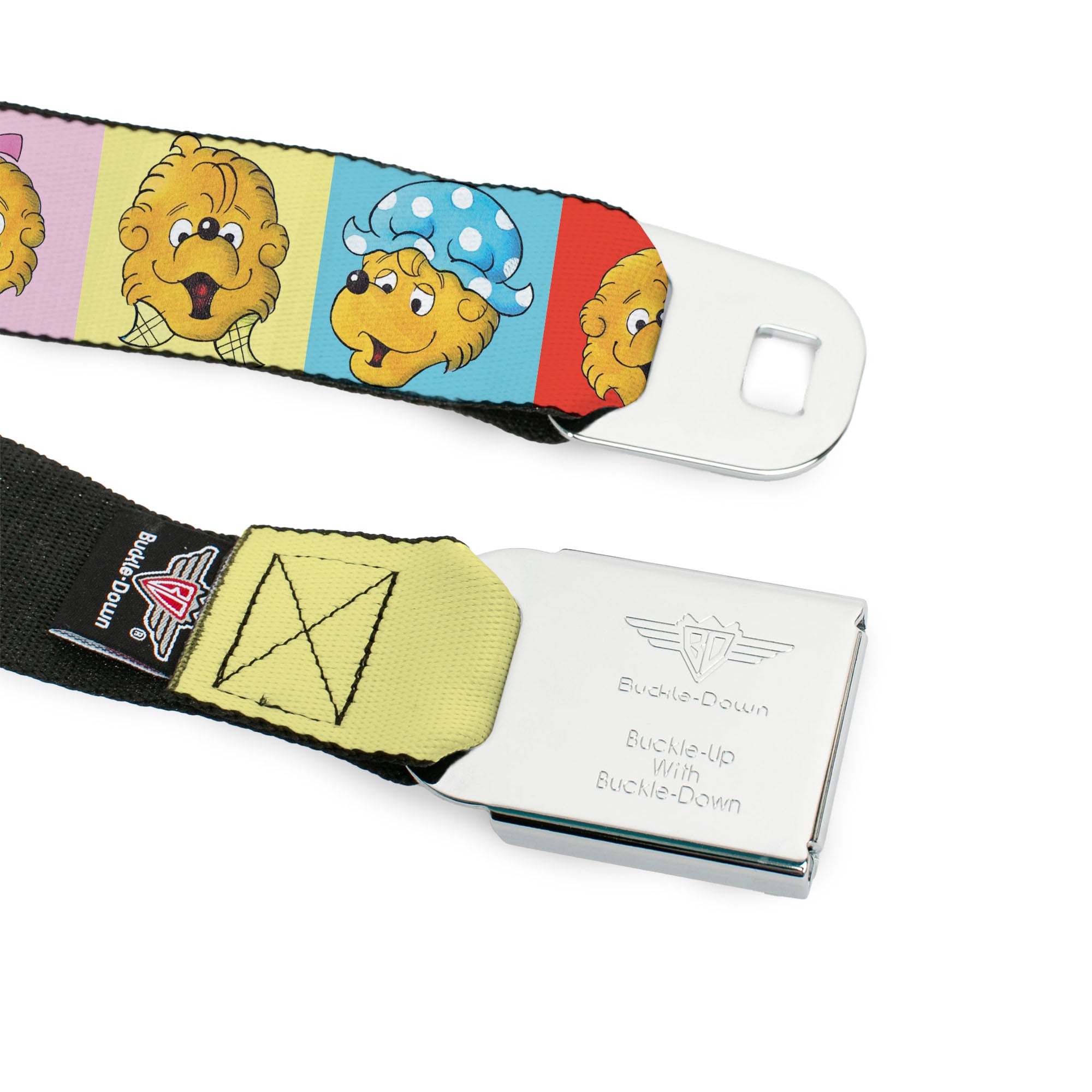THE BERENSTAIN BEARS Full Color White/Blue Seatbelt Belt - The Berenstain Bears Smiling Face Blocks Multi Color Webbing