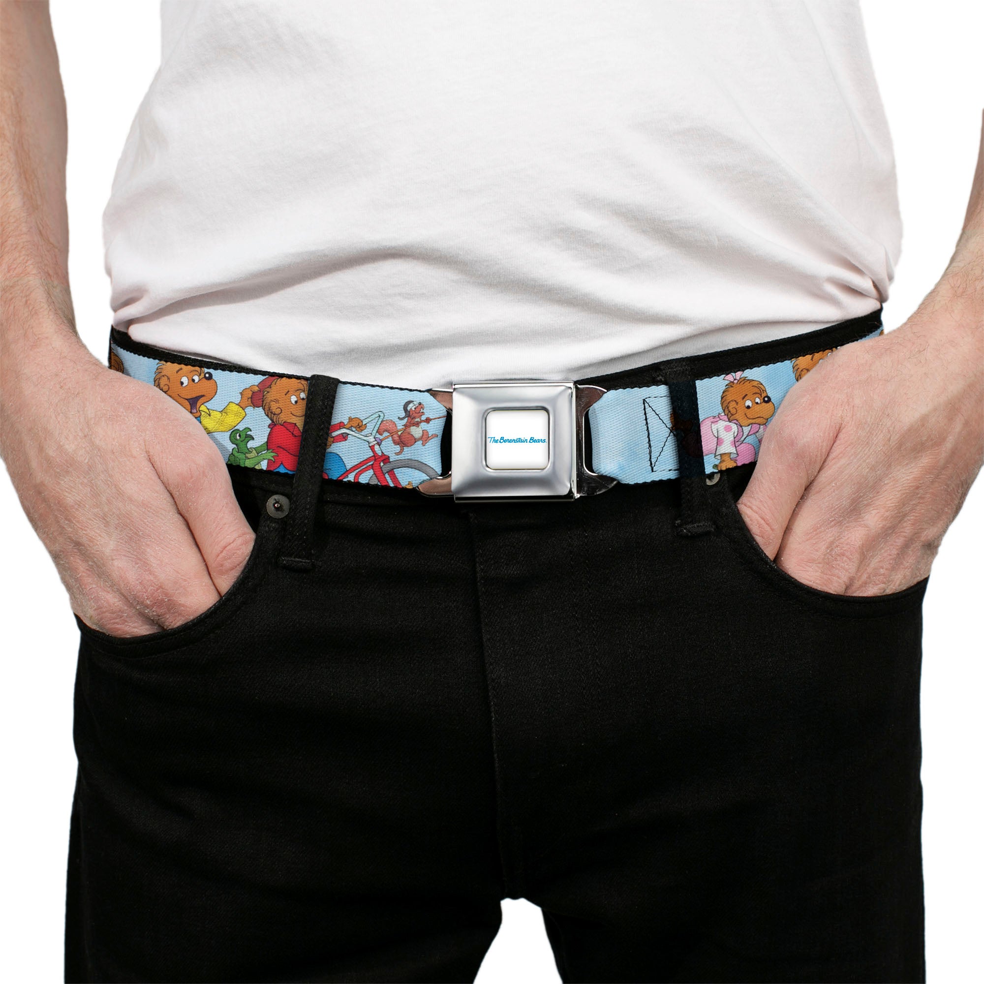 THE BERENSTAIN BEARS Full Color White/Blue Seatbelt Belt - The Berenstain Bears Family Fun Day Pose Light Blue Webbing