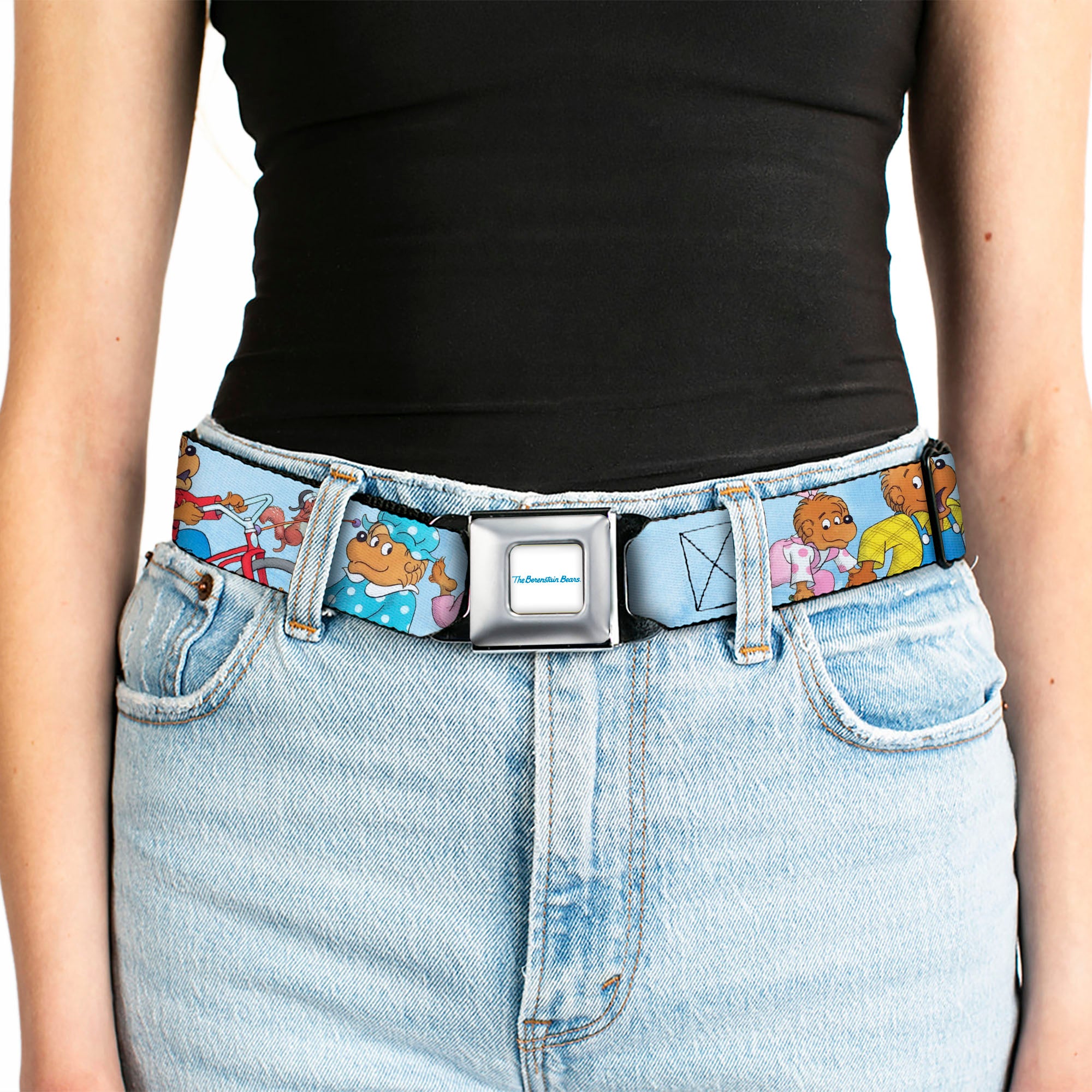 THE BERENSTAIN BEARS Full Color White/Blue Seatbelt Belt - The Berenstain Bears Family Fun Day Pose Light Blue Webbing