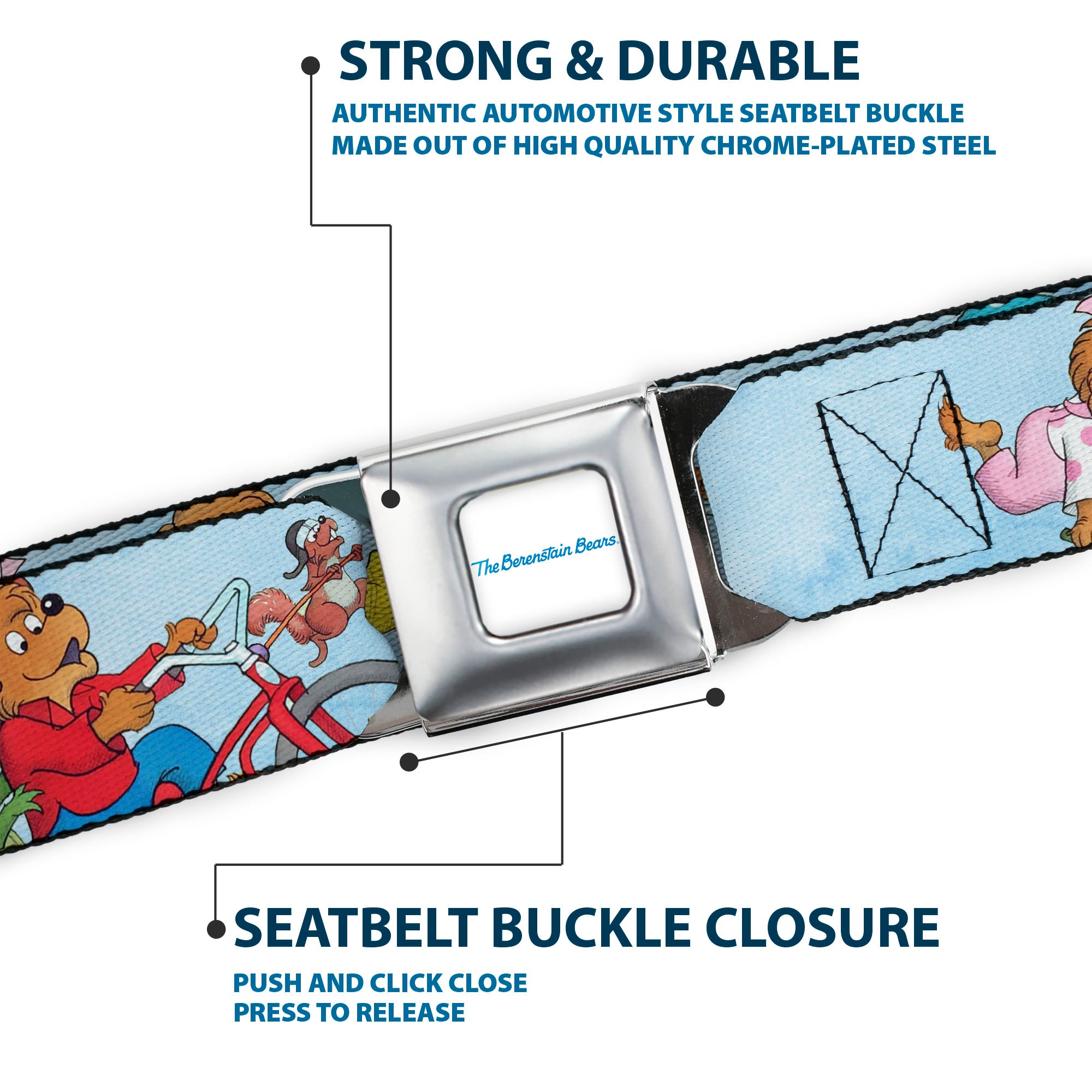 THE BERENSTAIN BEARS Full Color White/Blue Seatbelt Belt - The Berenstain Bears Family Fun Day Pose Light Blue Webbing