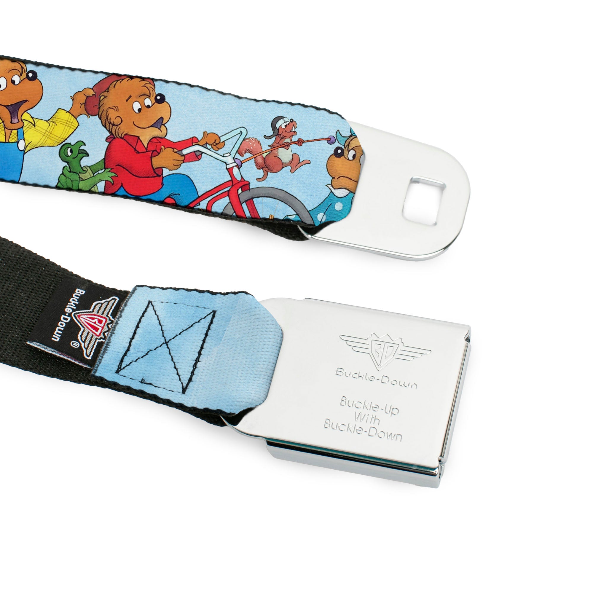 THE BERENSTAIN BEARS Full Color White/Blue Seatbelt Belt - The Berenstain Bears Family Fun Day Pose Light Blue Webbing