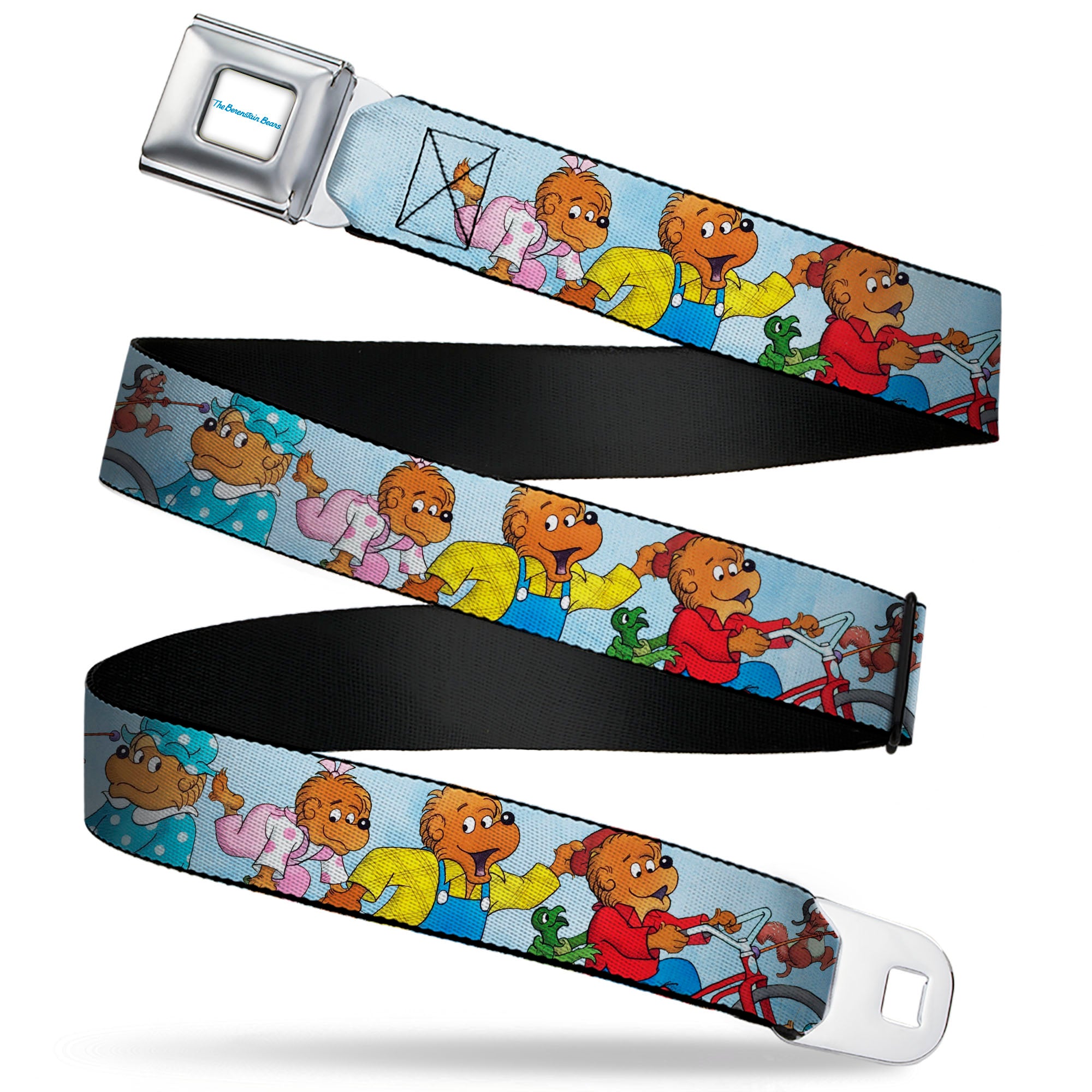 THE BERENSTAIN BEARS Full Color White/Blue Seatbelt Belt - The Berenstain Bears Family Fun Day Pose Light Blue Webbing