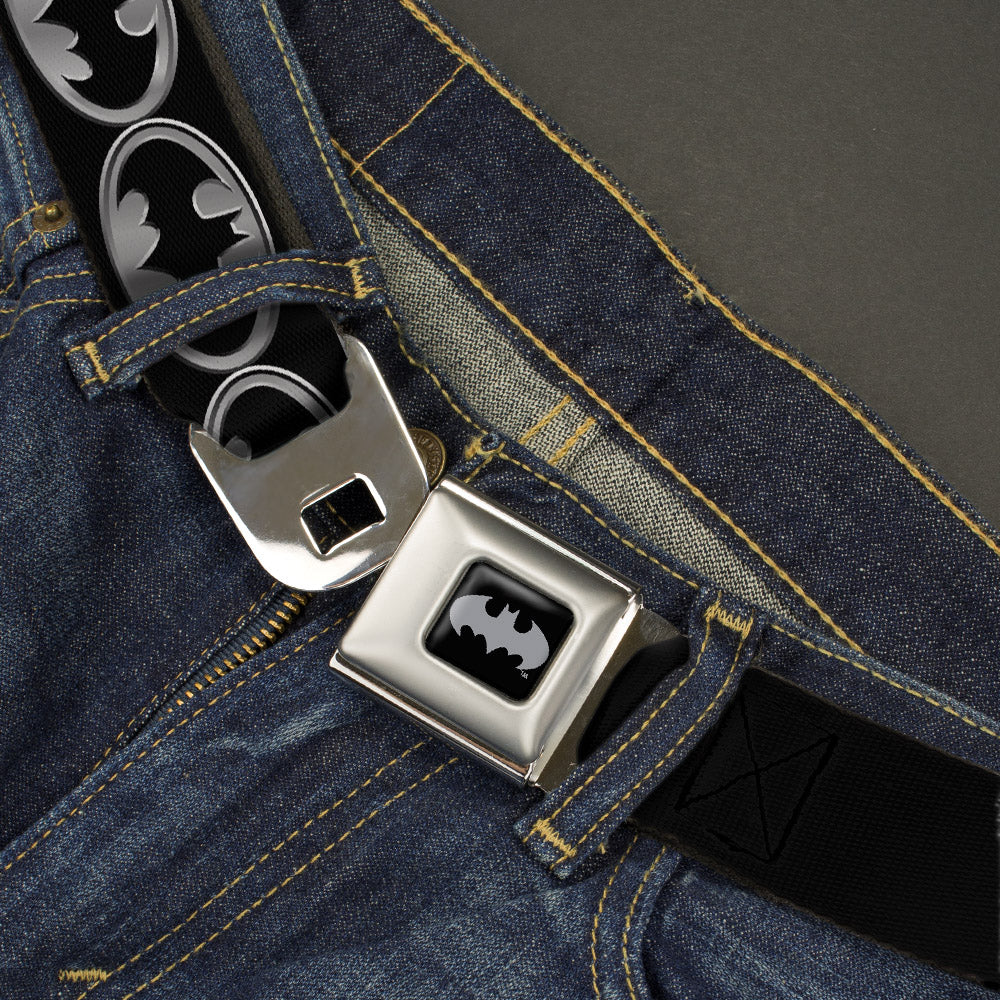 Batman Black Silver Seatbelt Belt - Batman Shield Black/Silver Webbing Seatbelt Belts DC Comics