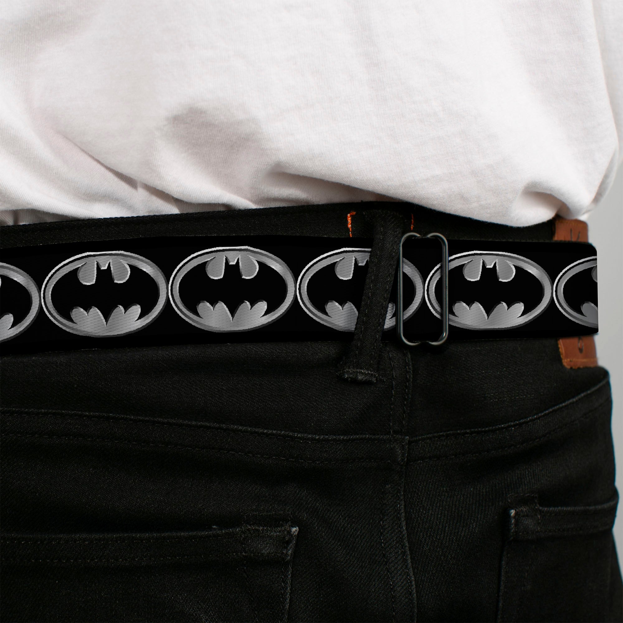 Batman Black Silver Seatbelt Belt - Batman Shield Black/Silver Webbing Seatbelt Belts DC Comics