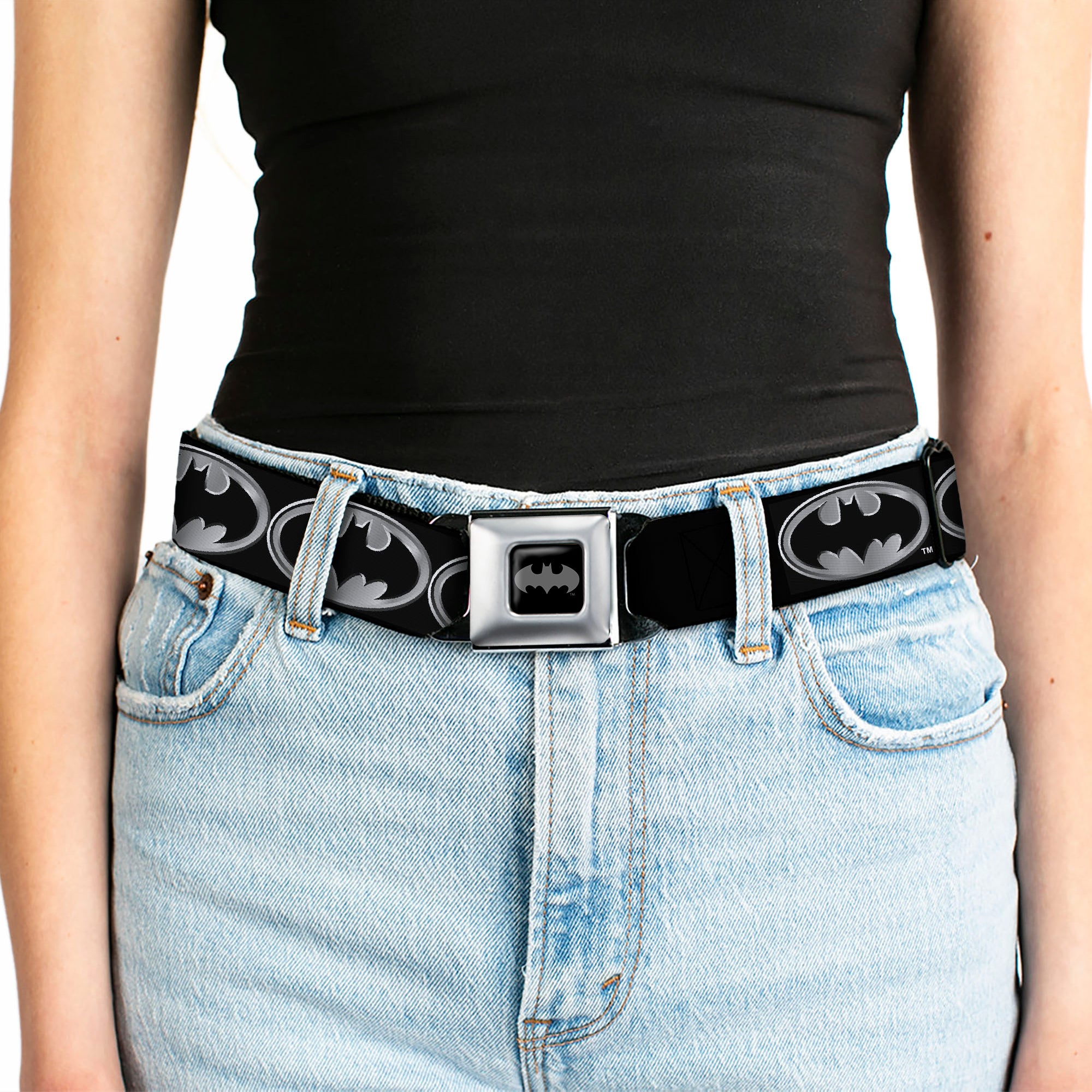 Batman Black Silver Seatbelt Belt - Batman Shield Black/Silver Webbing Seatbelt Belts DC Comics