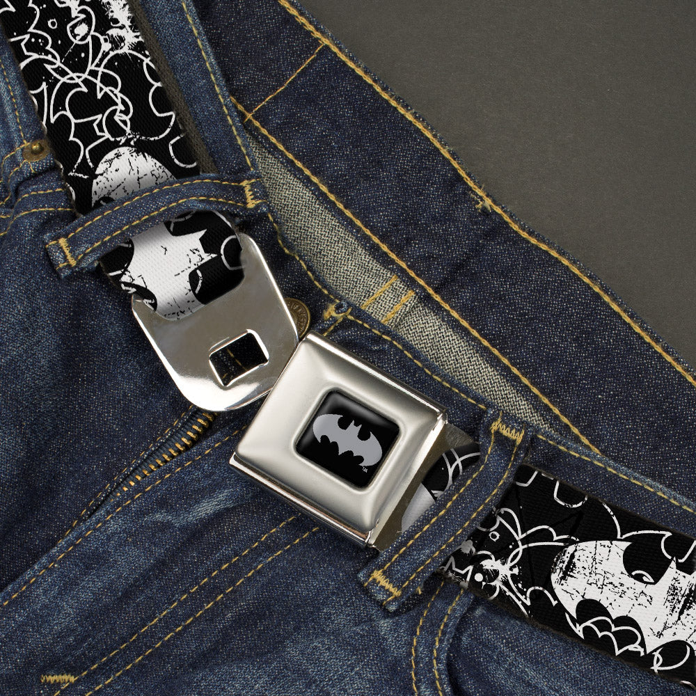 Batman Black Silver Seatbelt Belt - Batman Outlines Black/White Webbing Seatbelt Belts DC Comics