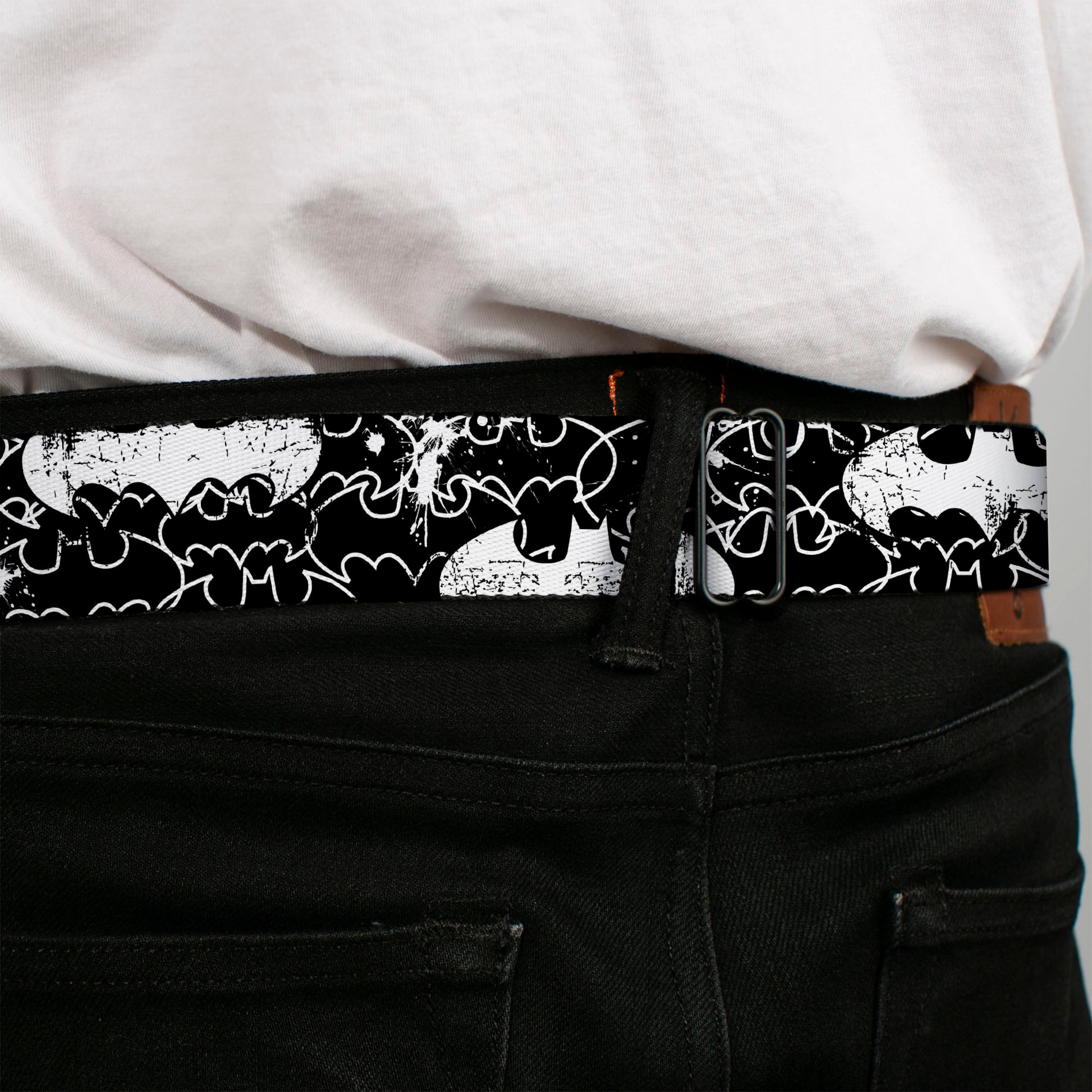 Batman Black Silver Seatbelt Belt - Batman Outlines Black/White Webbing Seatbelt Belts DC Comics