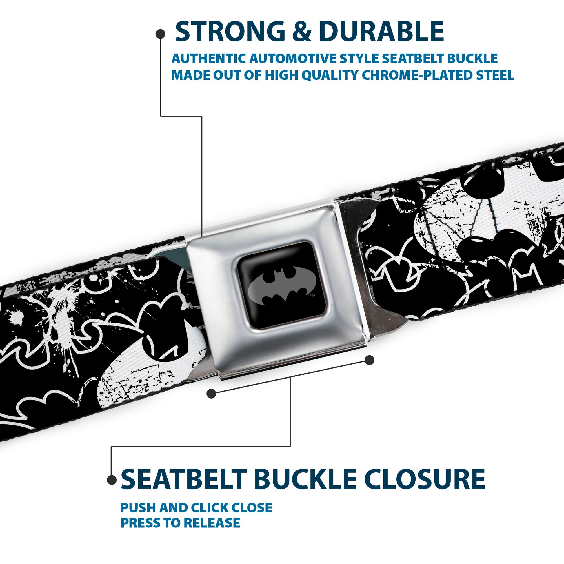 Batman Black Silver Seatbelt Belt - Batman Outlines Black/White Webbing Seatbelt Belts DC Comics