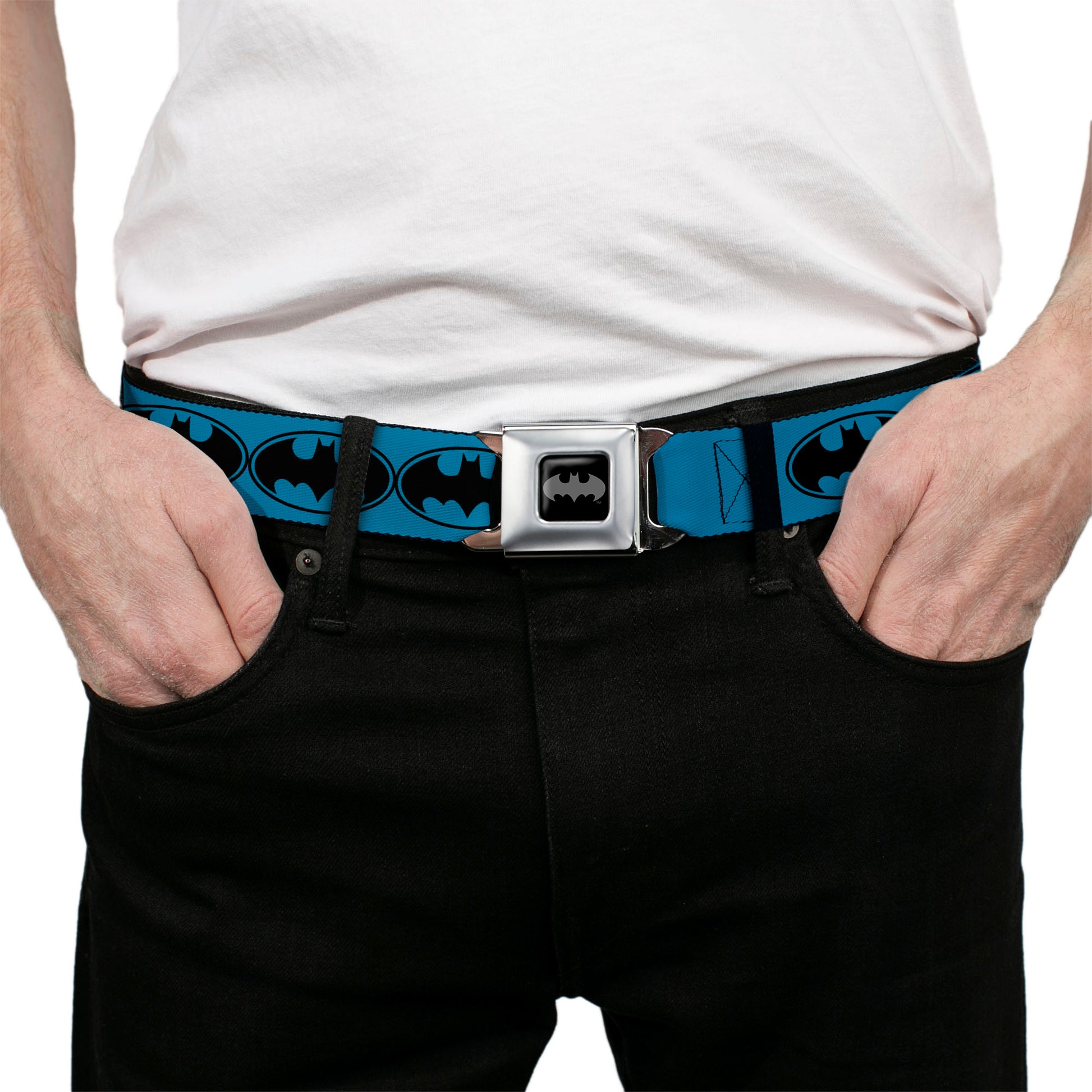 Batman Black Silver Seatbelt Belt - Bat Signal-3 Blue/Black/Blue Webbing Seatbelt Belts DC Comics