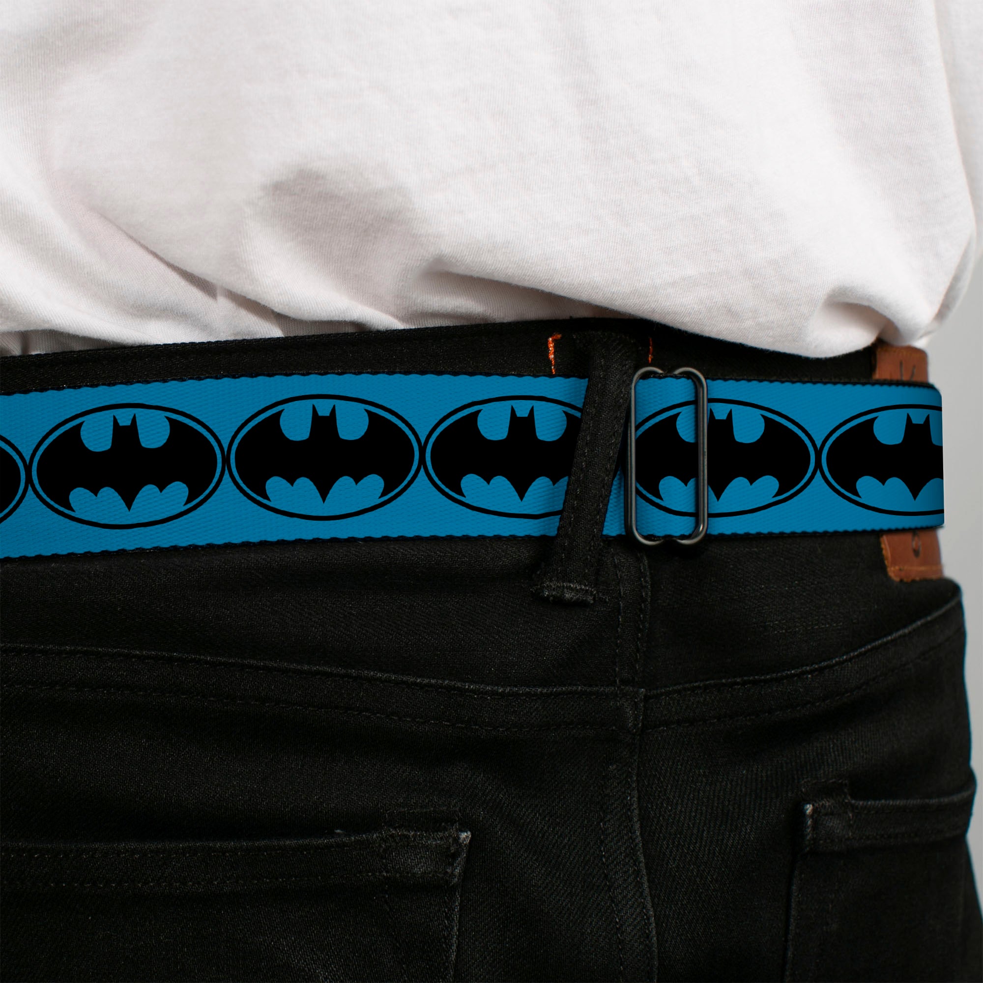 Batman Black Silver Seatbelt Belt - Bat Signal-3 Blue/Black/Blue Webbing Seatbelt Belts DC Comics