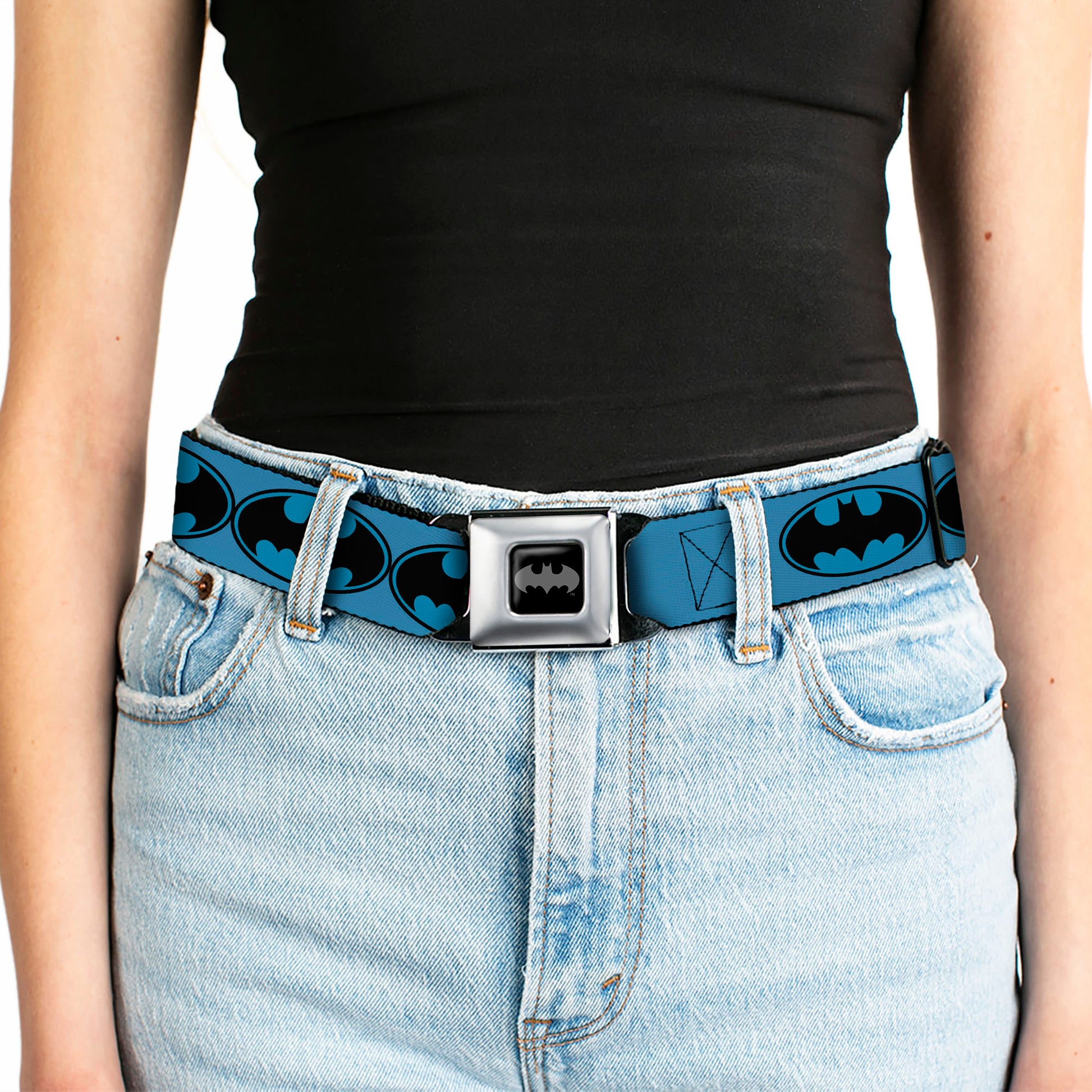 Batman Black Silver Seatbelt Belt - Bat Signal-3 Blue/Black/Blue Webbing Seatbelt Belts DC Comics