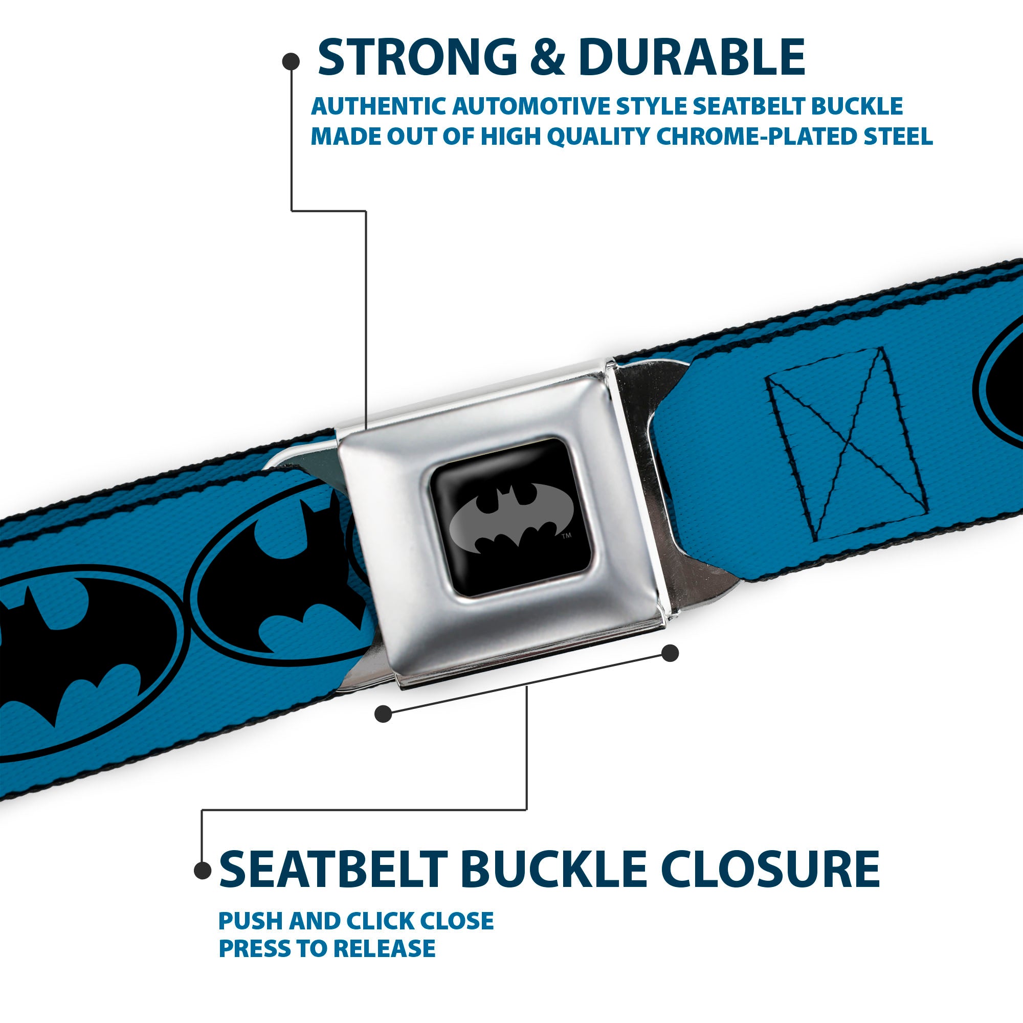 Batman Black Silver Seatbelt Belt - Bat Signal-3 Blue/Black/Blue Webbing Seatbelt Belts DC Comics