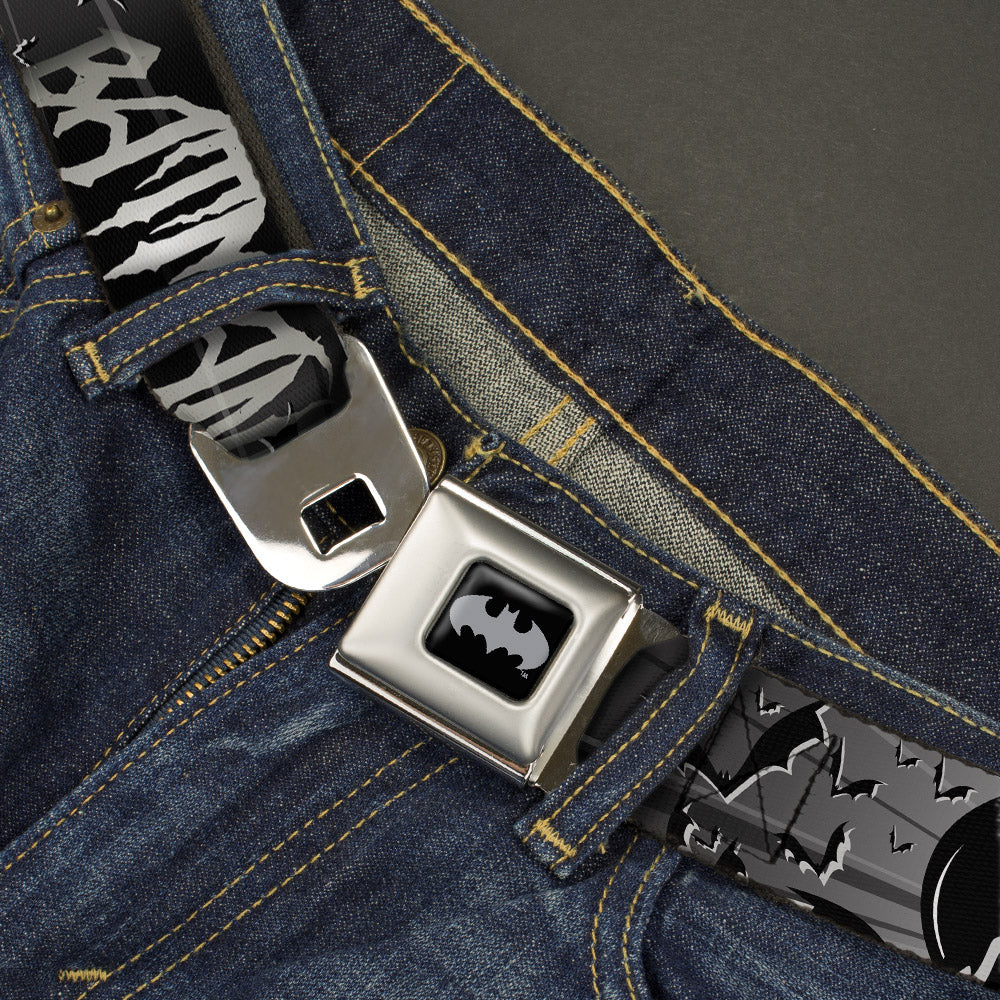 Batman Black Silver Seatbelt Belt - BATMAN w/Bat Signals & Flying Bats Black/White Webbing Seatbelt Belts DC Comics