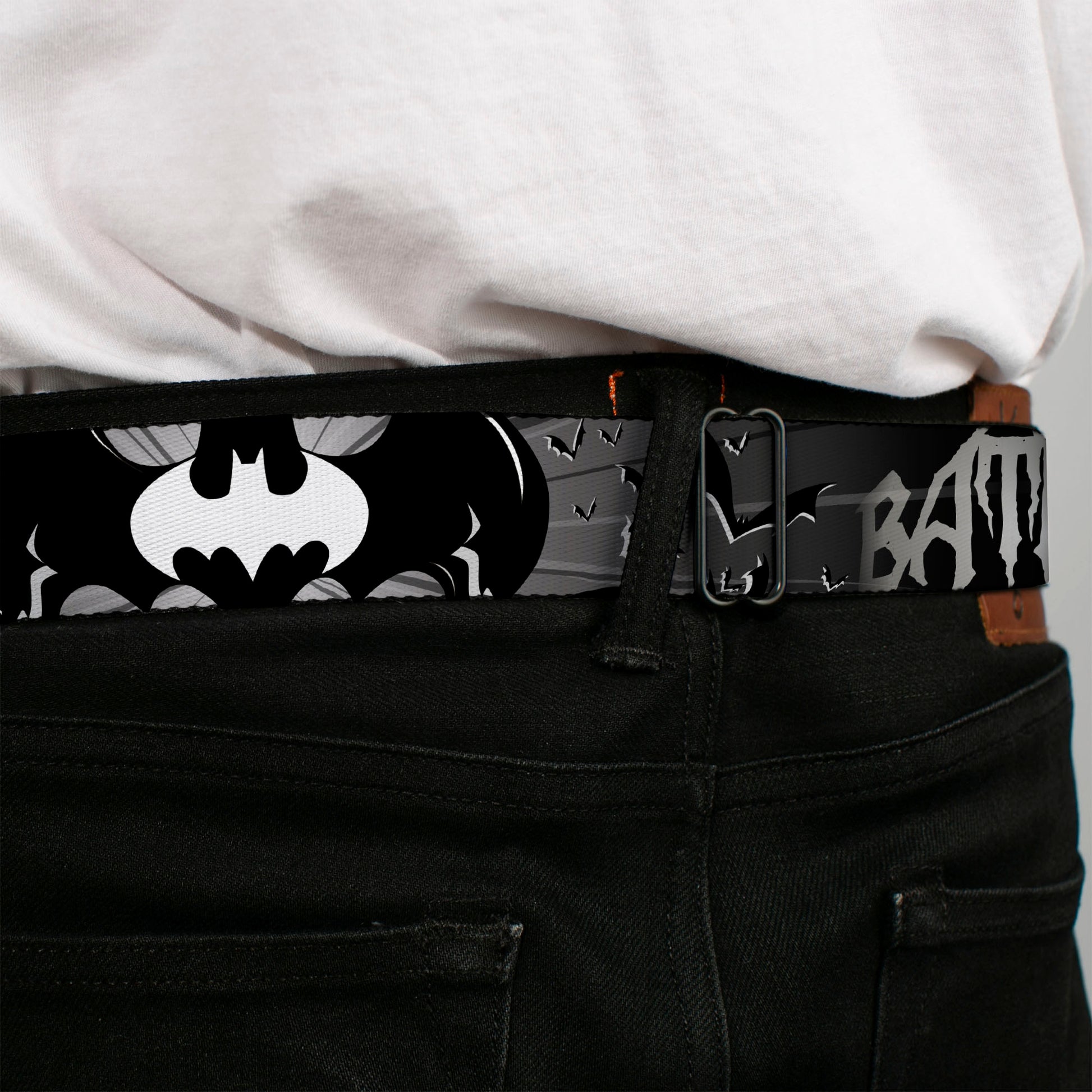 Batman Black Silver Seatbelt Belt - BATMAN w/Bat Signals & Flying Bats Black/White Webbing Seatbelt Belts DC Comics
