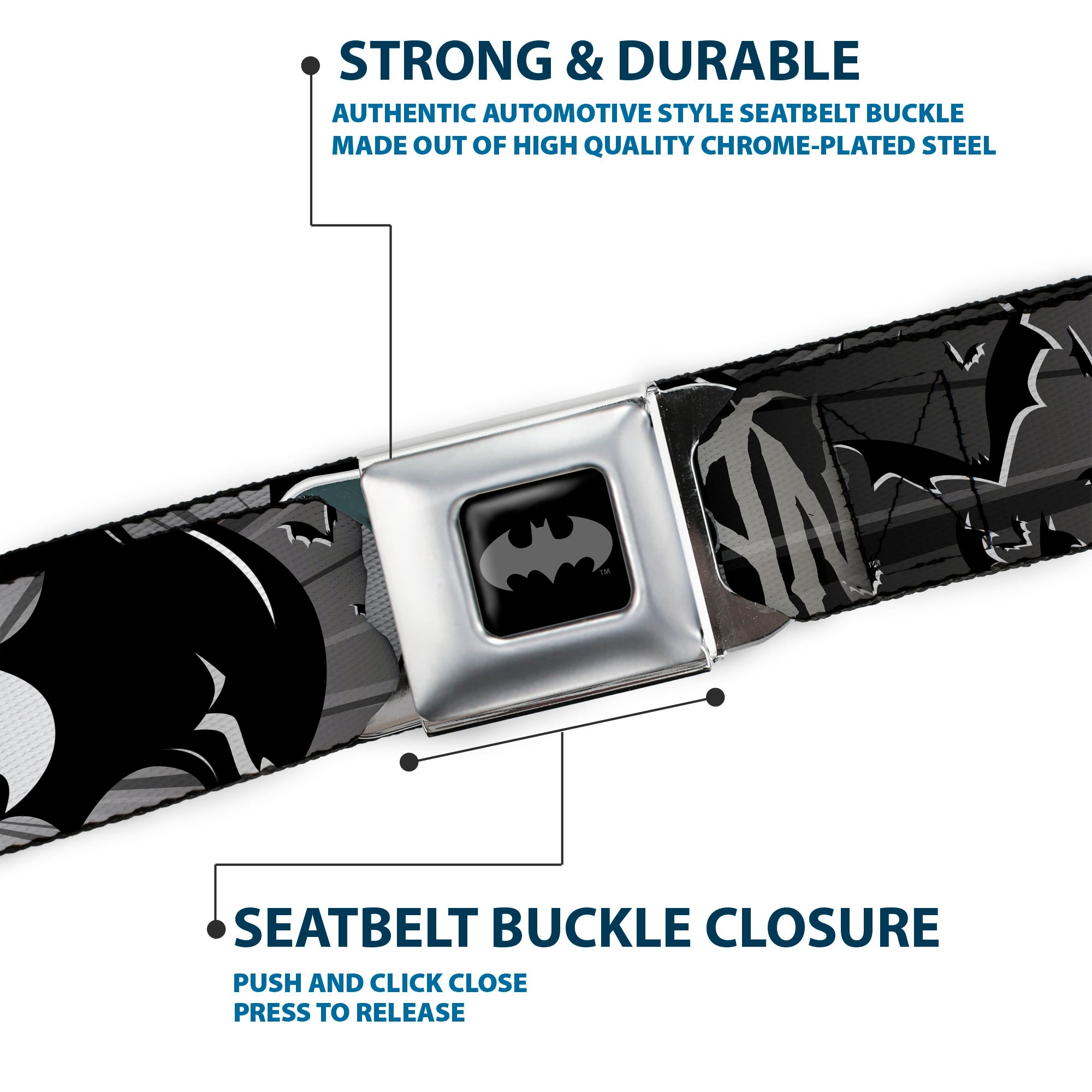 Batman Black Silver Seatbelt Belt - BATMAN w/Bat Signals & Flying Bats Black/White Webbing Seatbelt Belts DC Comics