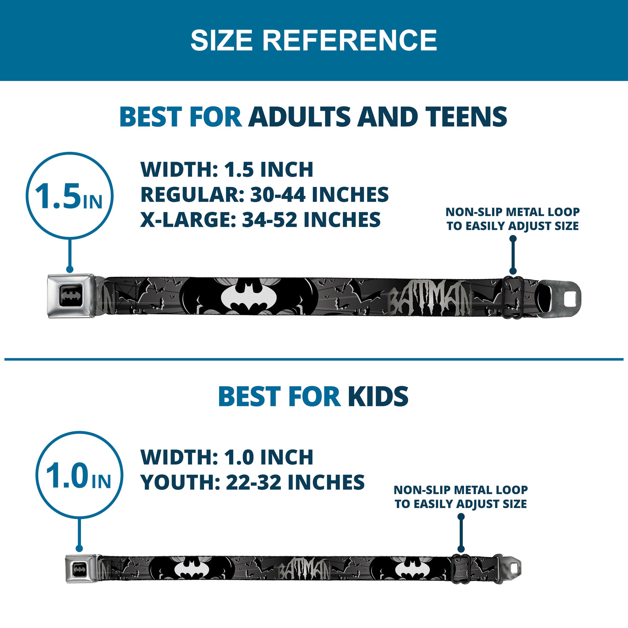 Batman Black Silver Seatbelt Belt - BATMAN w/Bat Signals & Flying Bats Black/White Webbing Seatbelt Belts DC Comics