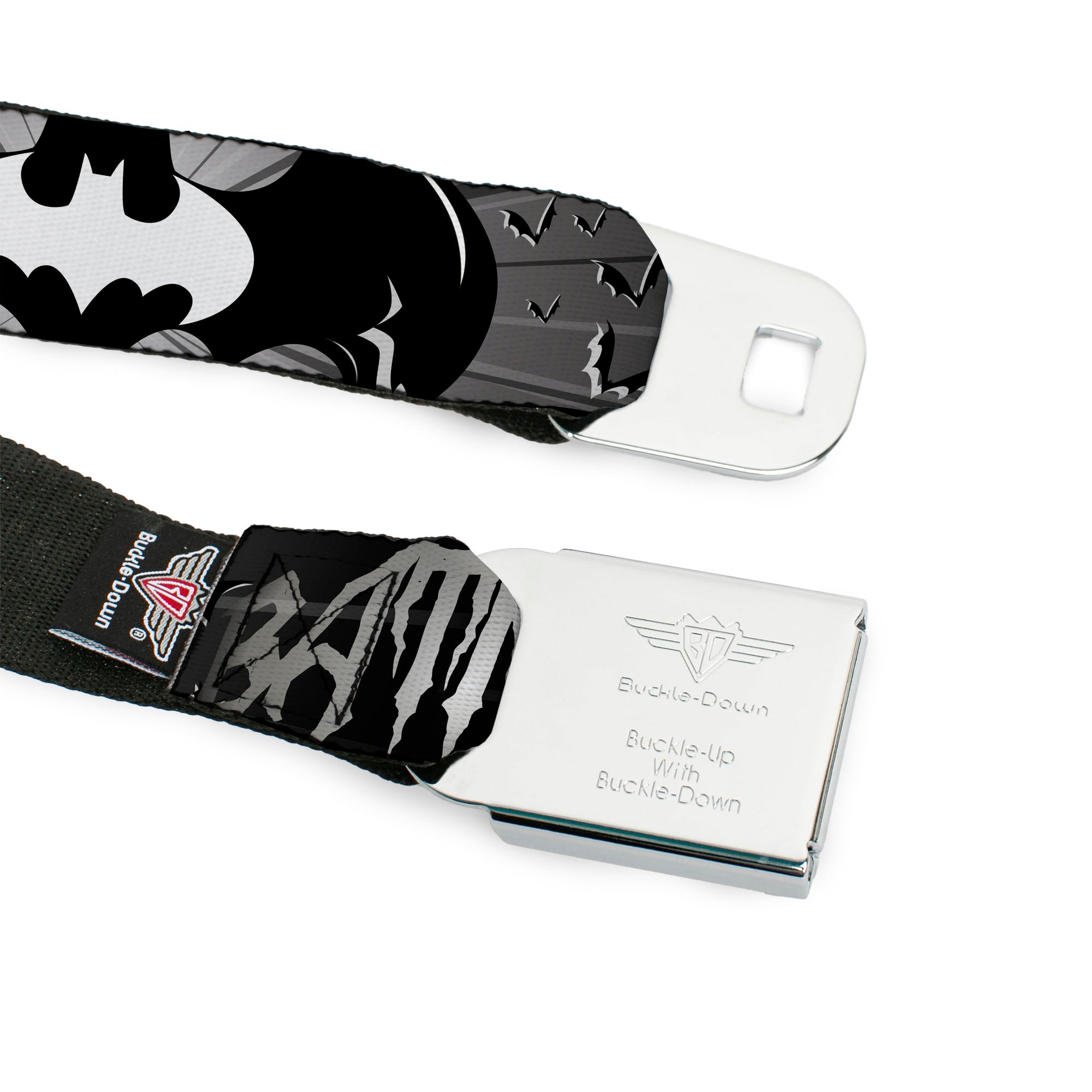 Batman Black Silver Seatbelt Belt - BATMAN w/Bat Signals & Flying Bats Black/White Webbing Seatbelt Belts DC Comics