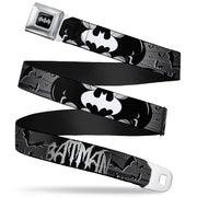 Batman Black Silver Seatbelt Belt - BATMAN w/Bat Signals & Flying Bats Black/White Webbing Seatbelt Belts DC Comics