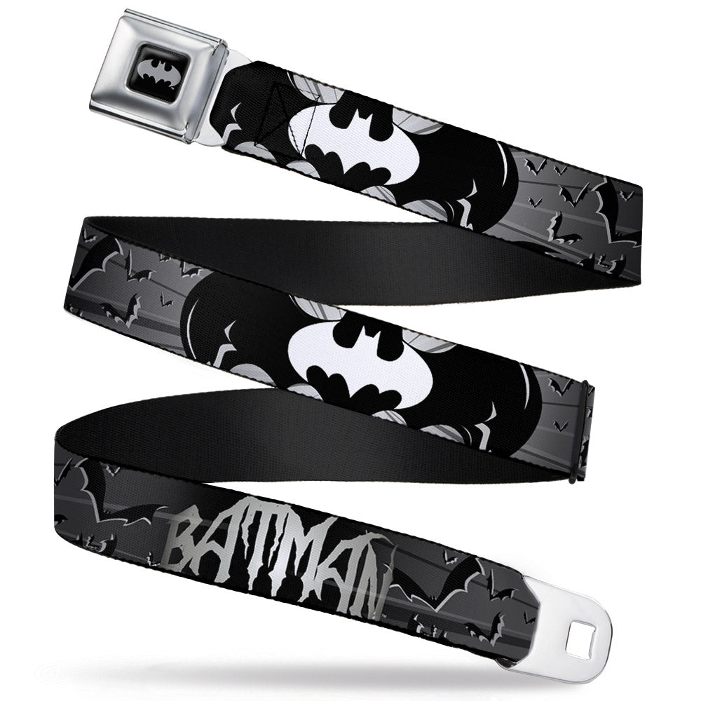 Batman Black Silver Seatbelt Belt - BATMAN w/Bat Signals & Flying Bats Black/White Webbing Seatbelt Belts DC Comics