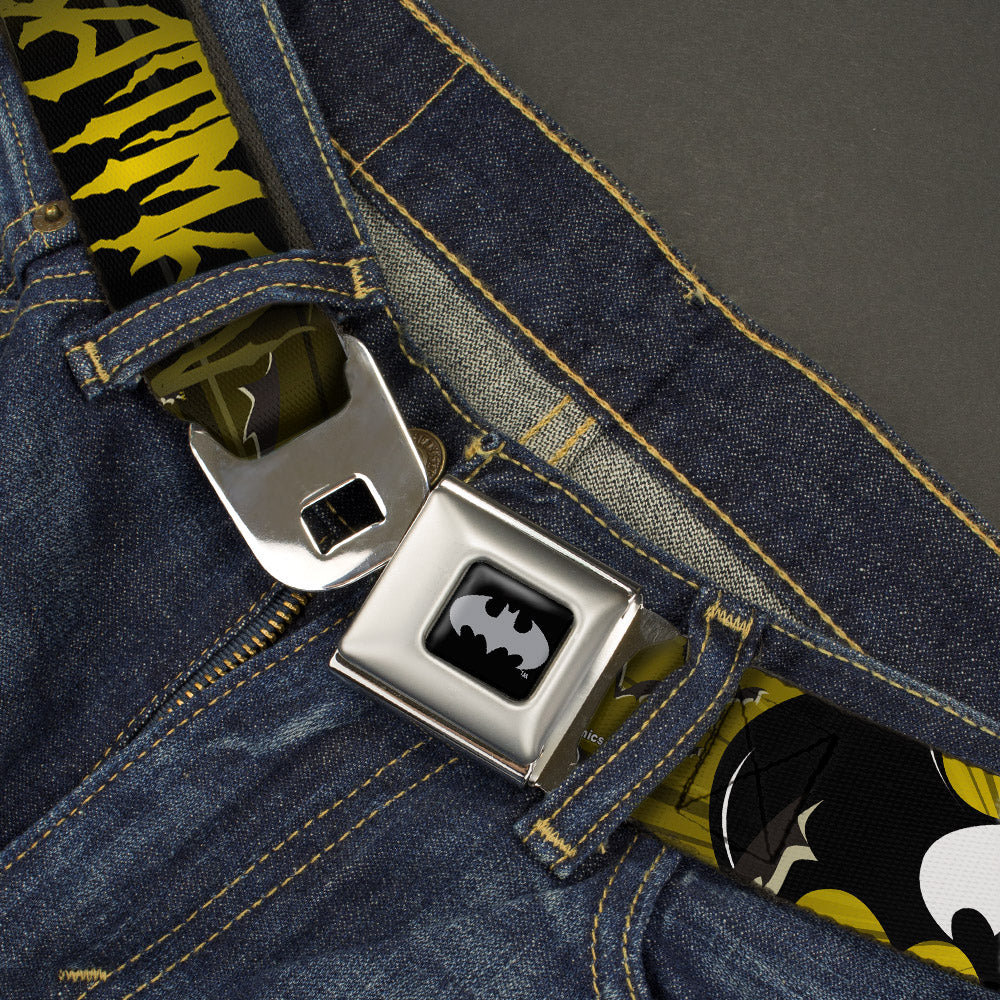 Batman Black Silver Seatbelt Belt - BATMAN w/Bat Signals & Flying Bats Yellow/Black/White Webbing Seatbelt Belts DC Comics