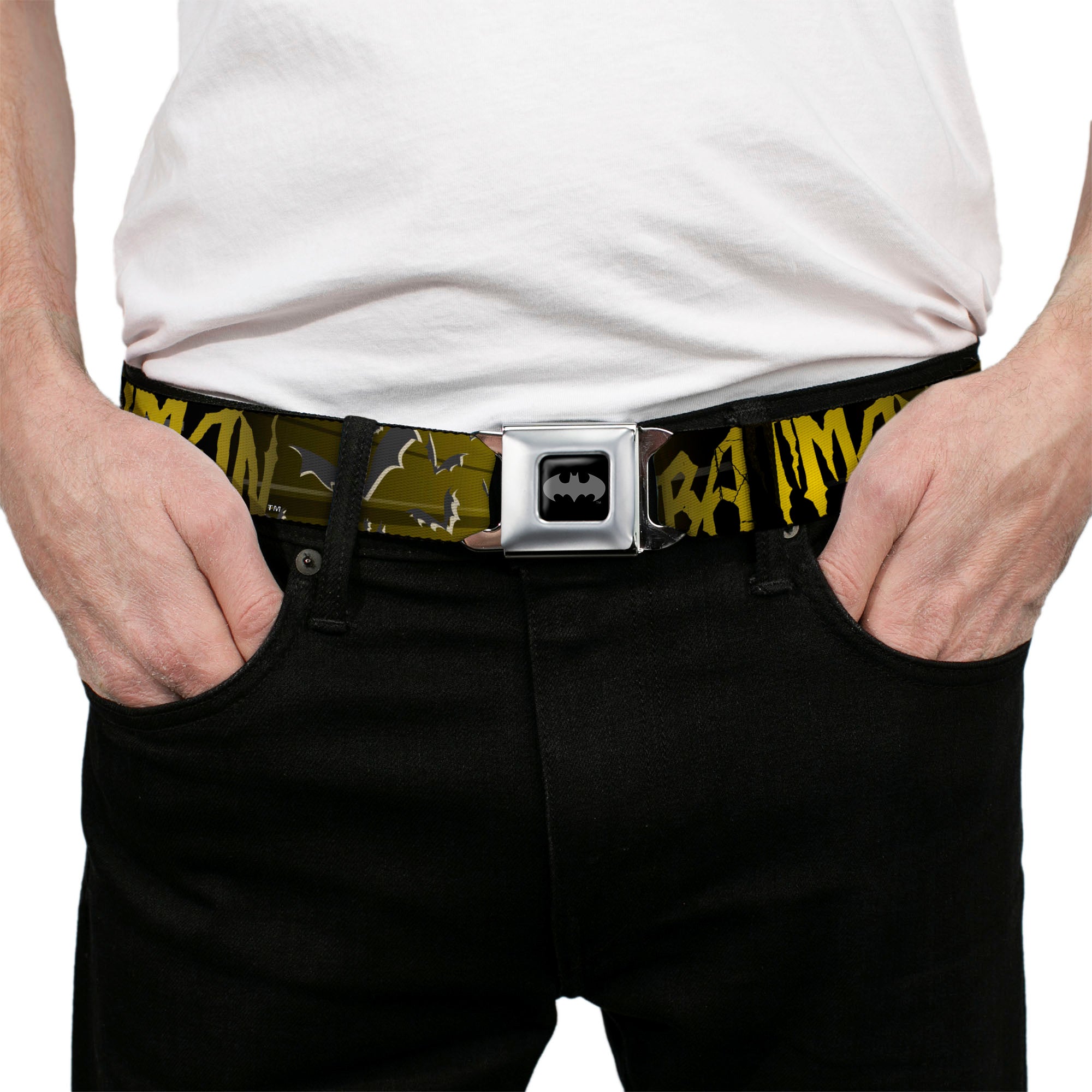 Batman Black Silver Seatbelt Belt - BATMAN w/Bat Signals & Flying Bats Yellow/Black/White Webbing Seatbelt Belts DC Comics