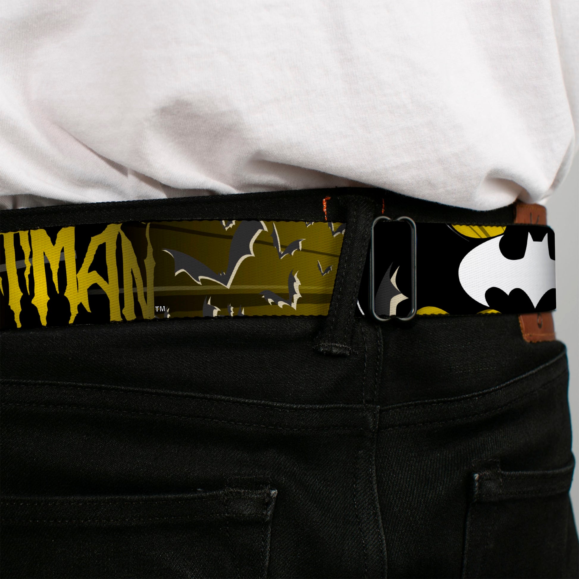 Batman Black Silver Seatbelt Belt - BATMAN w/Bat Signals & Flying Bats Yellow/Black/White Webbing Seatbelt Belts DC Comics