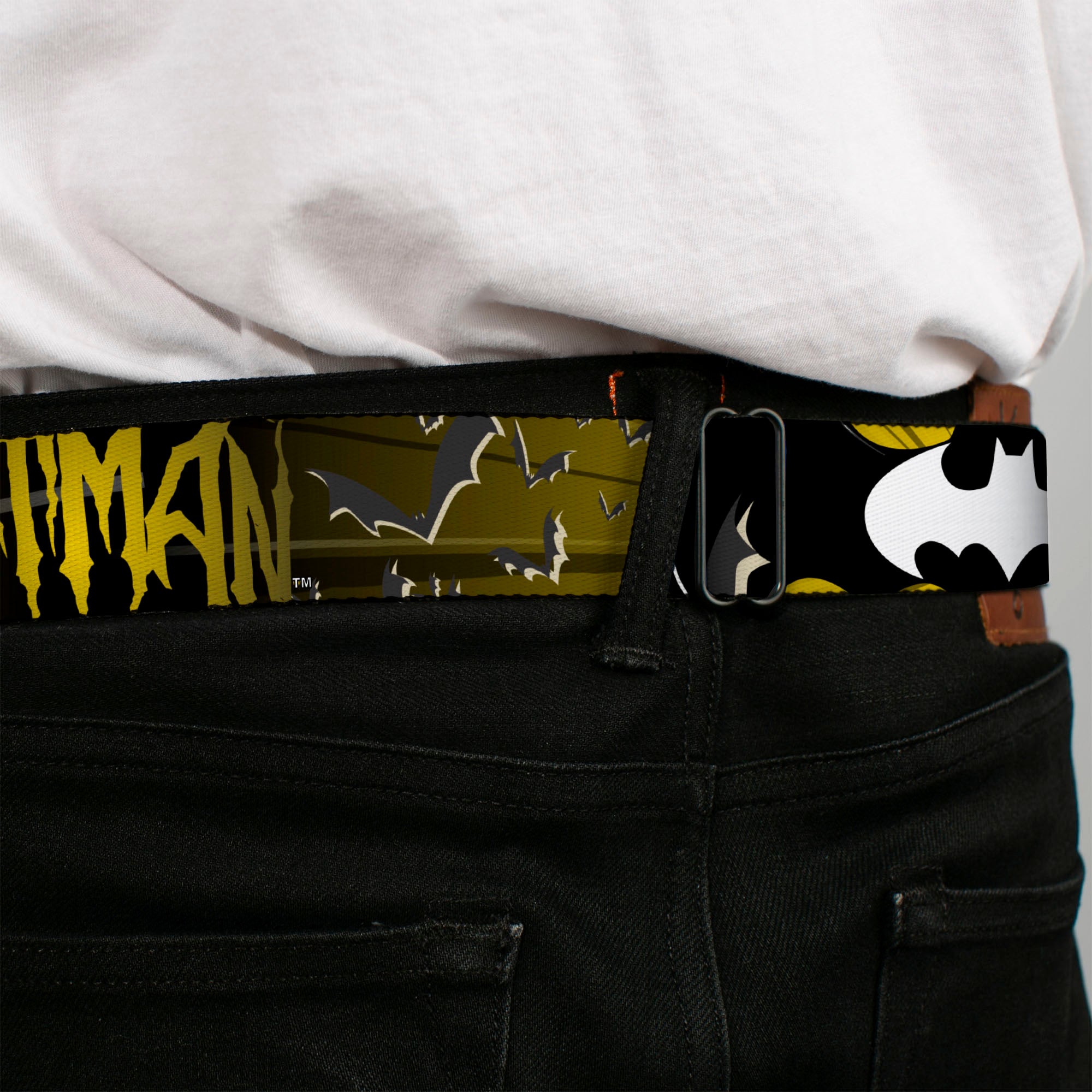 Batman Black Silver Seatbelt Belt - BATMAN w/Bat Signals & Flying Bats Yellow/Black/White Webbing Seatbelt Belts DC Comics