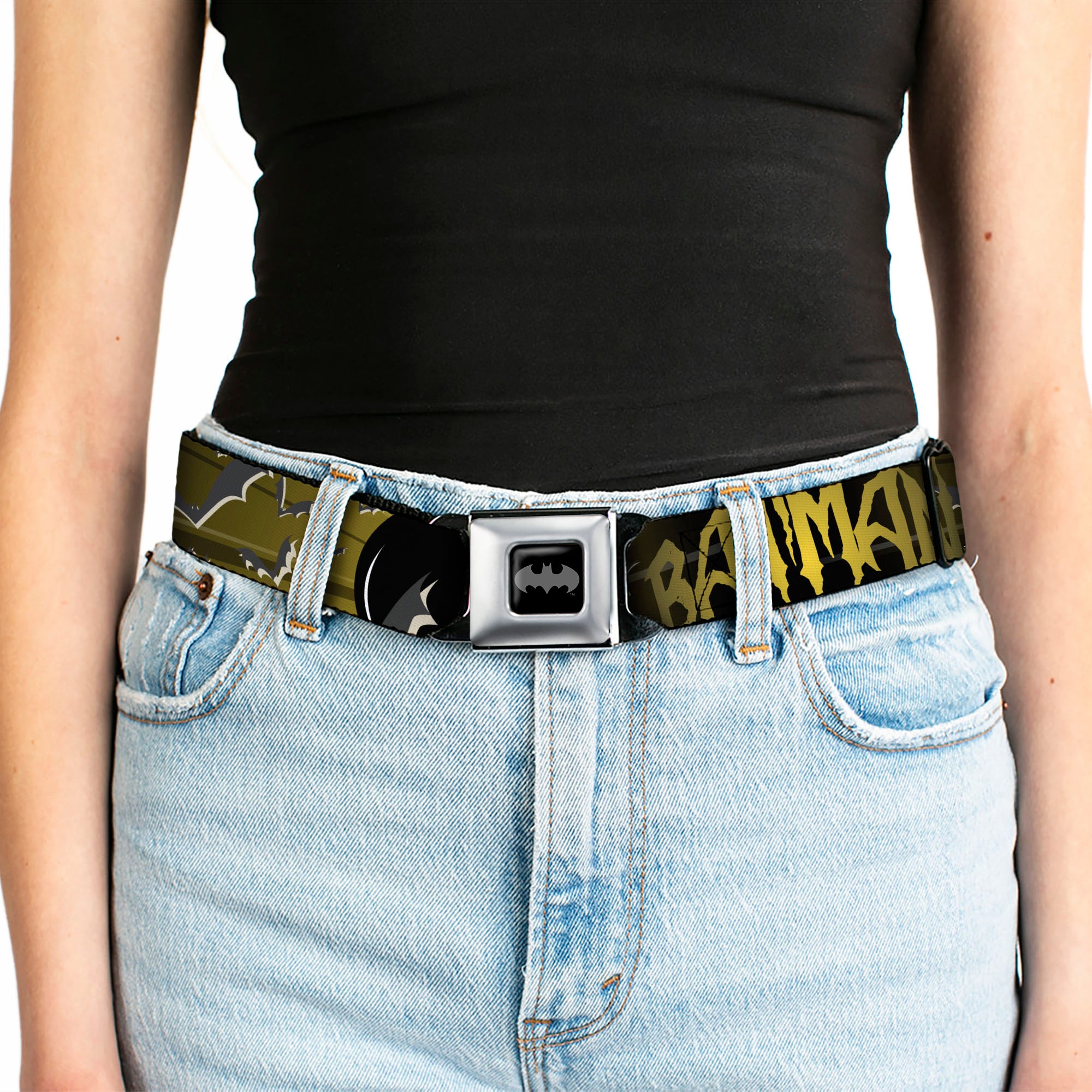 Batman Black Silver Seatbelt Belt - BATMAN w/Bat Signals & Flying Bats Yellow/Black/White Webbing Seatbelt Belts DC Comics